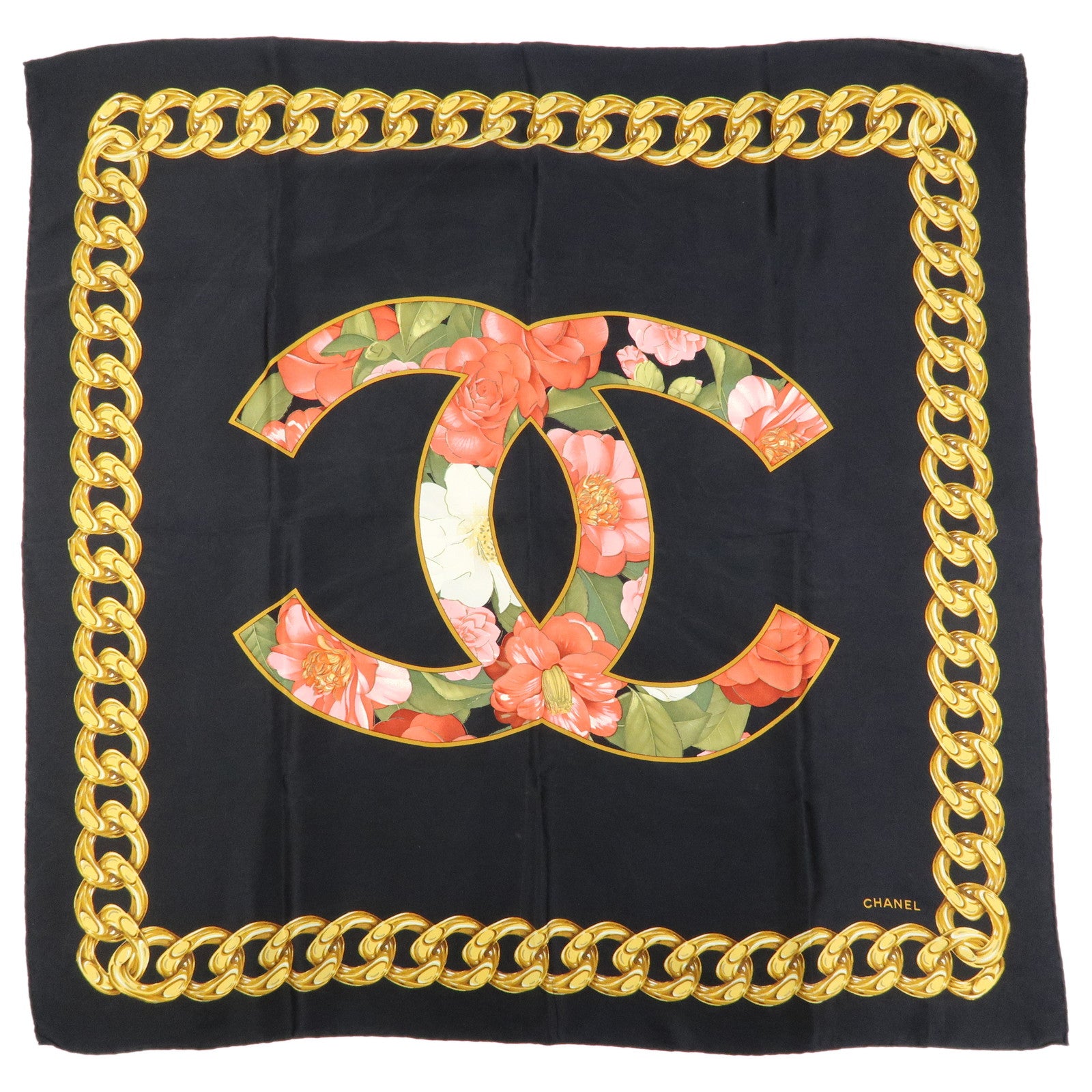 CHANEL COCO Mark Silk 100% Scarf Floral Motif Black Gold