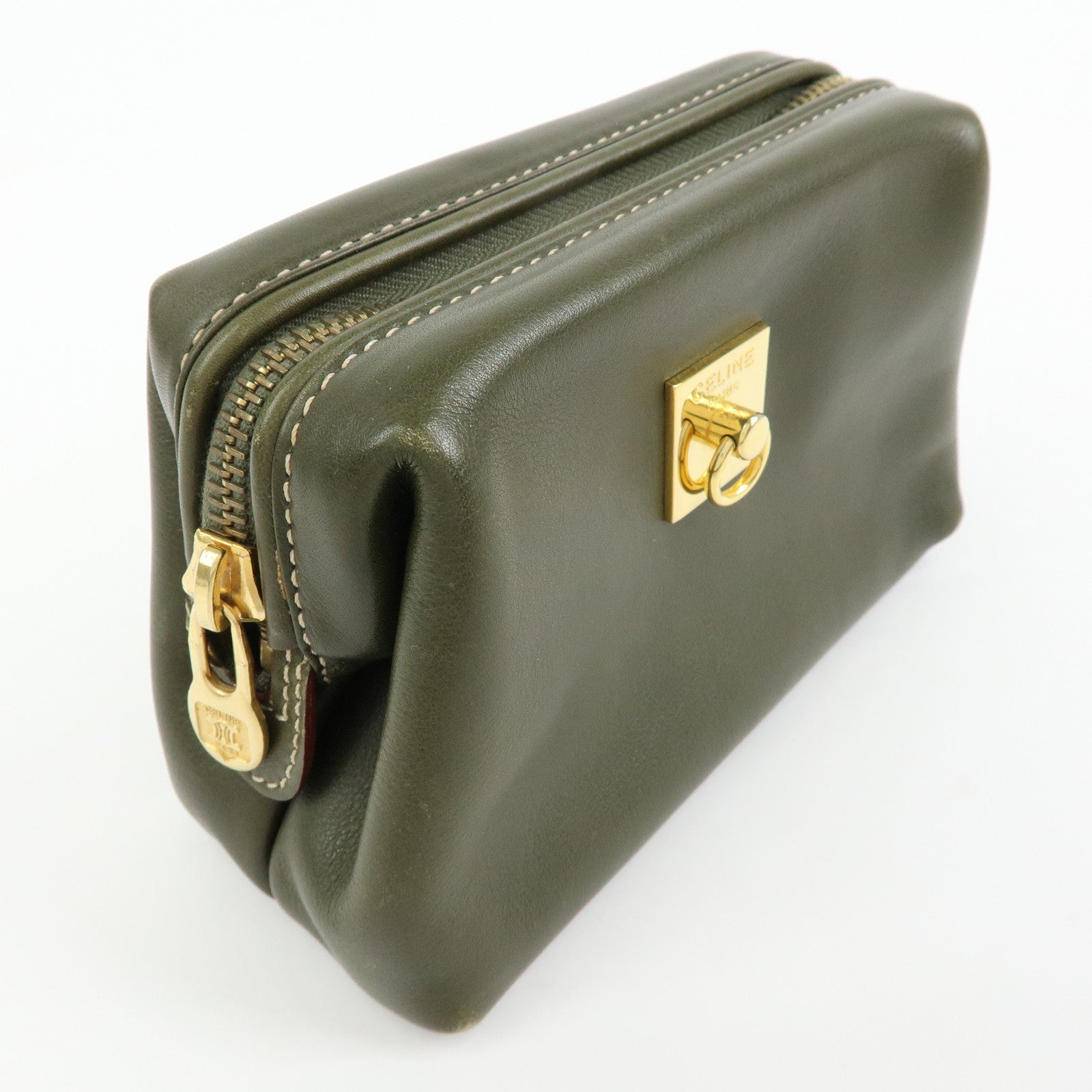 CELINE Logo Leather Accessory Pouch Cosmetic Case Khaki