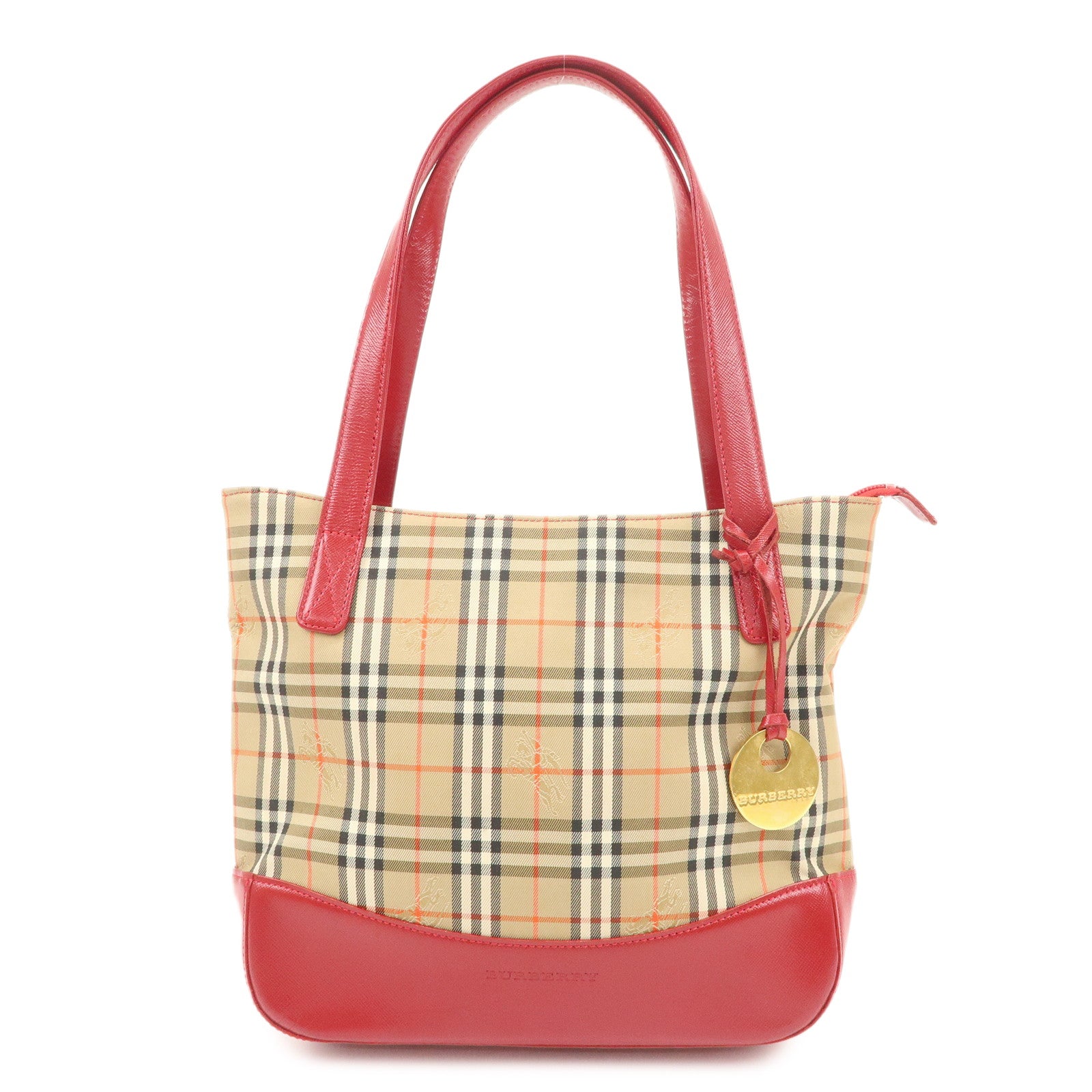 BURBERRY Leather Canvas Tote Bag Hand Bag Nova Plaid Red Beige Used