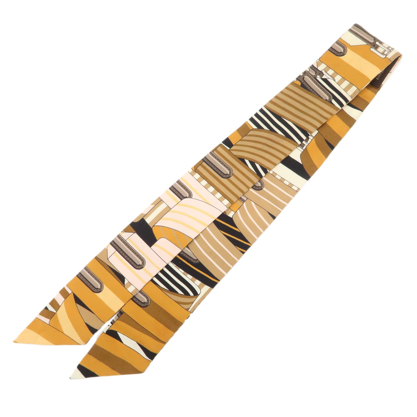 HERMES Twilly Silk 100% Scarf LES SANGLES Brown Black Peach