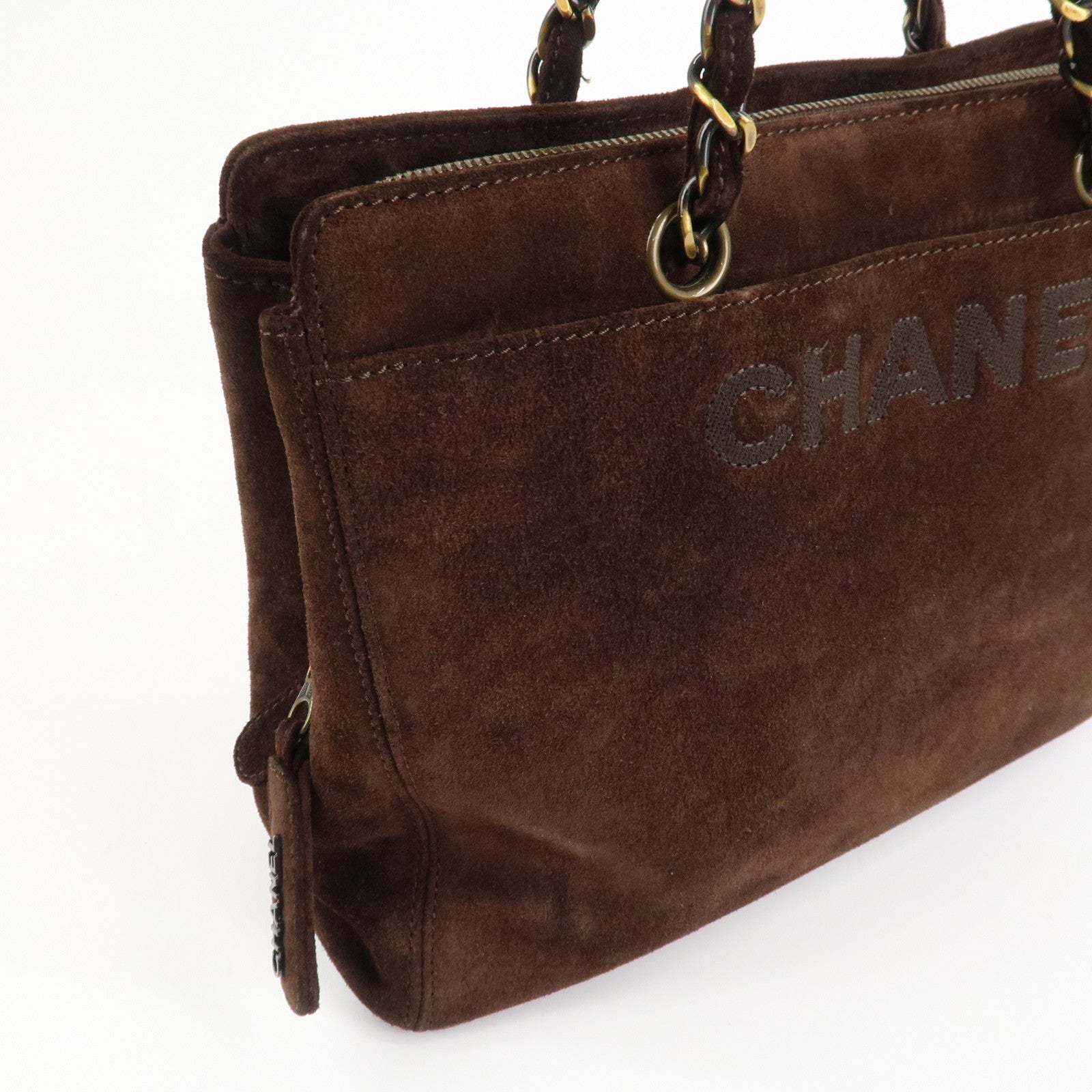 CHANEL Logo Suede Chain Tote Bag Shoulder Bag Brown