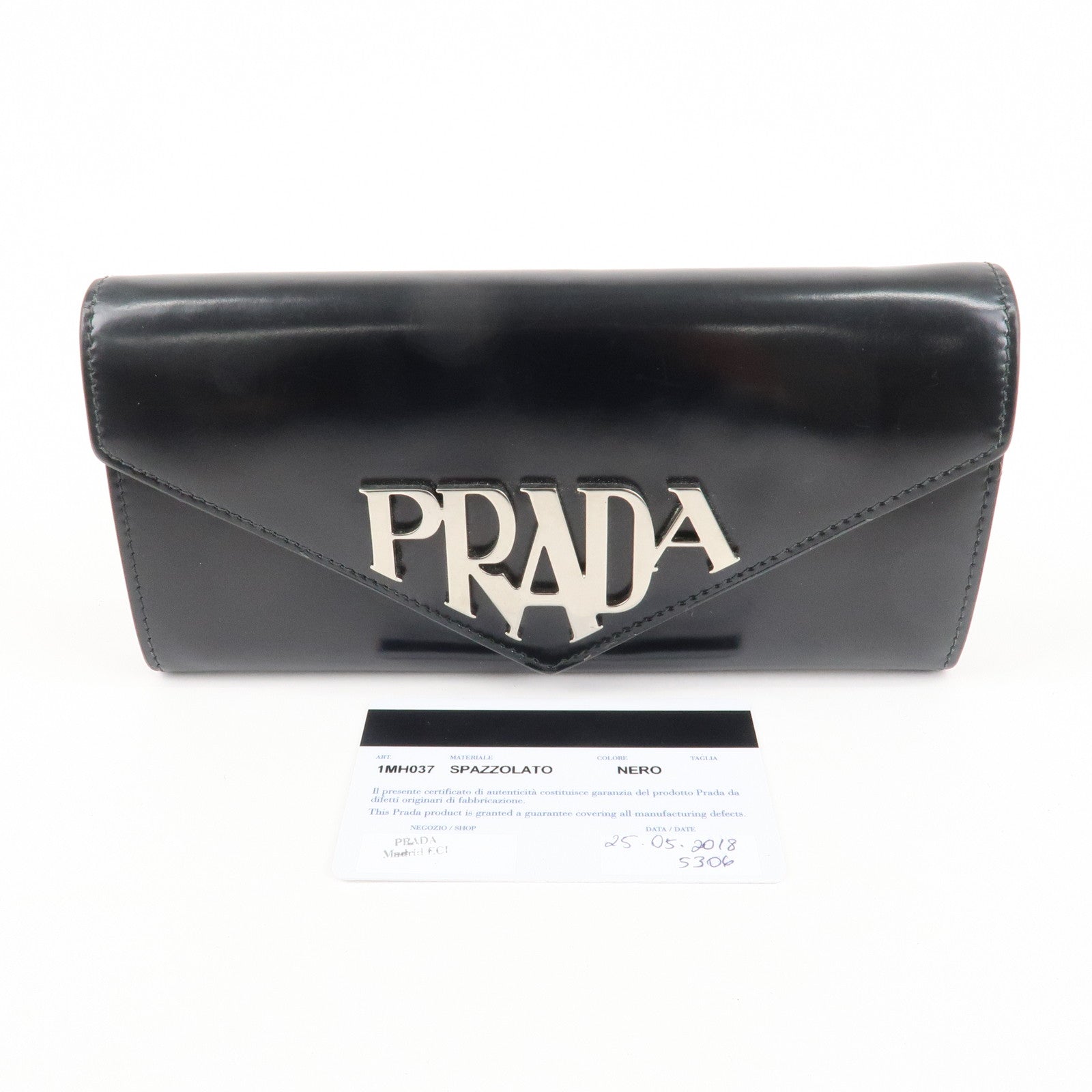 PRADA Leather Bi-Fold Long Wallet Black Silver Hardware 1MH037 Used