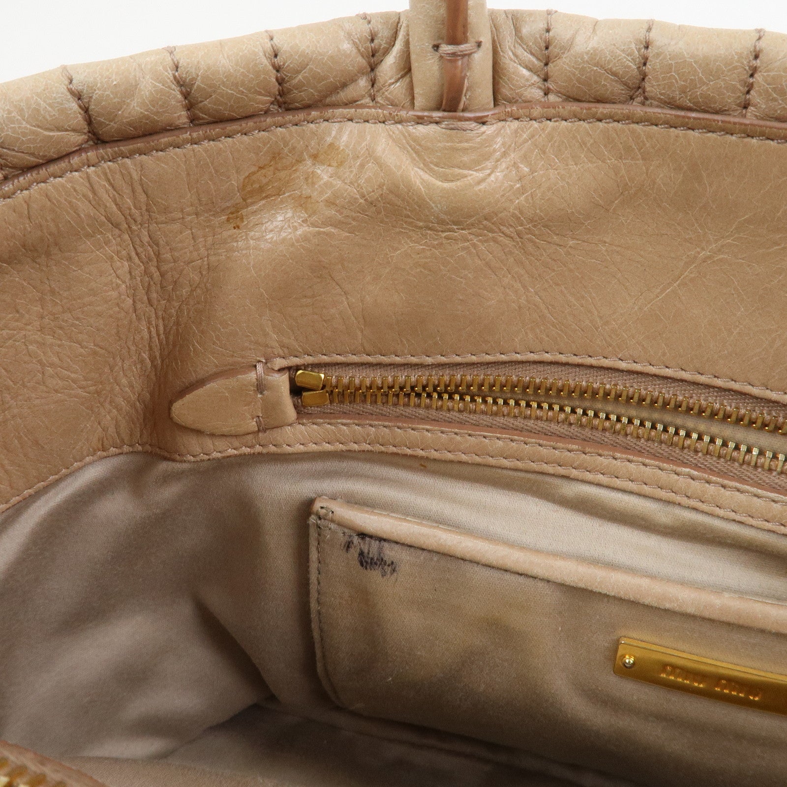 MIU MIU Leather Ribbon 2Way Shoulder Bag Hand Bag Tote Bag Beige RN1096