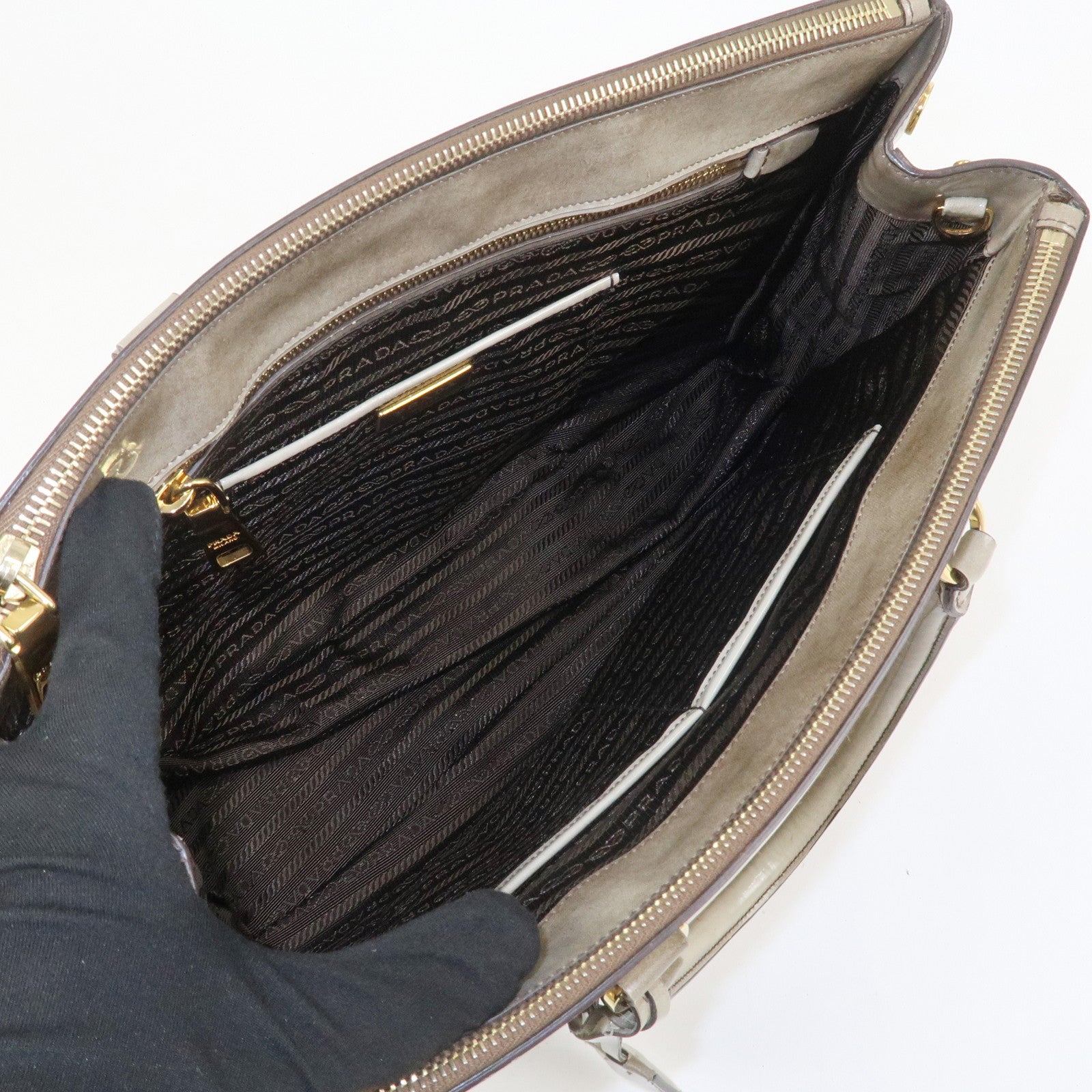 PRADA Patent Leather Flower Galleria 2Way Tote Bag Greige BB2274F