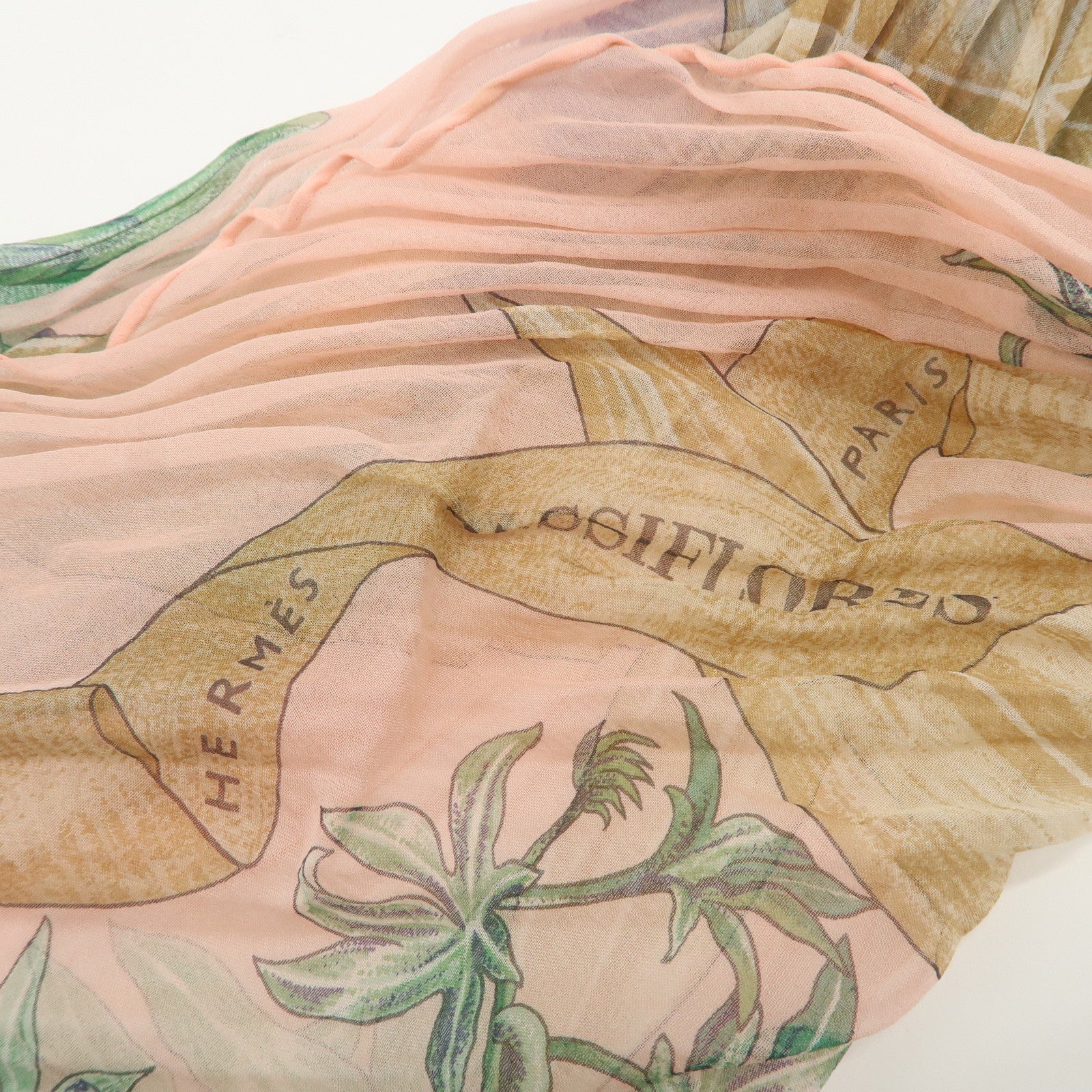 HERMES Pleated Carre Silk 100% Scarf PASSIFLORES Pink Multicolor
