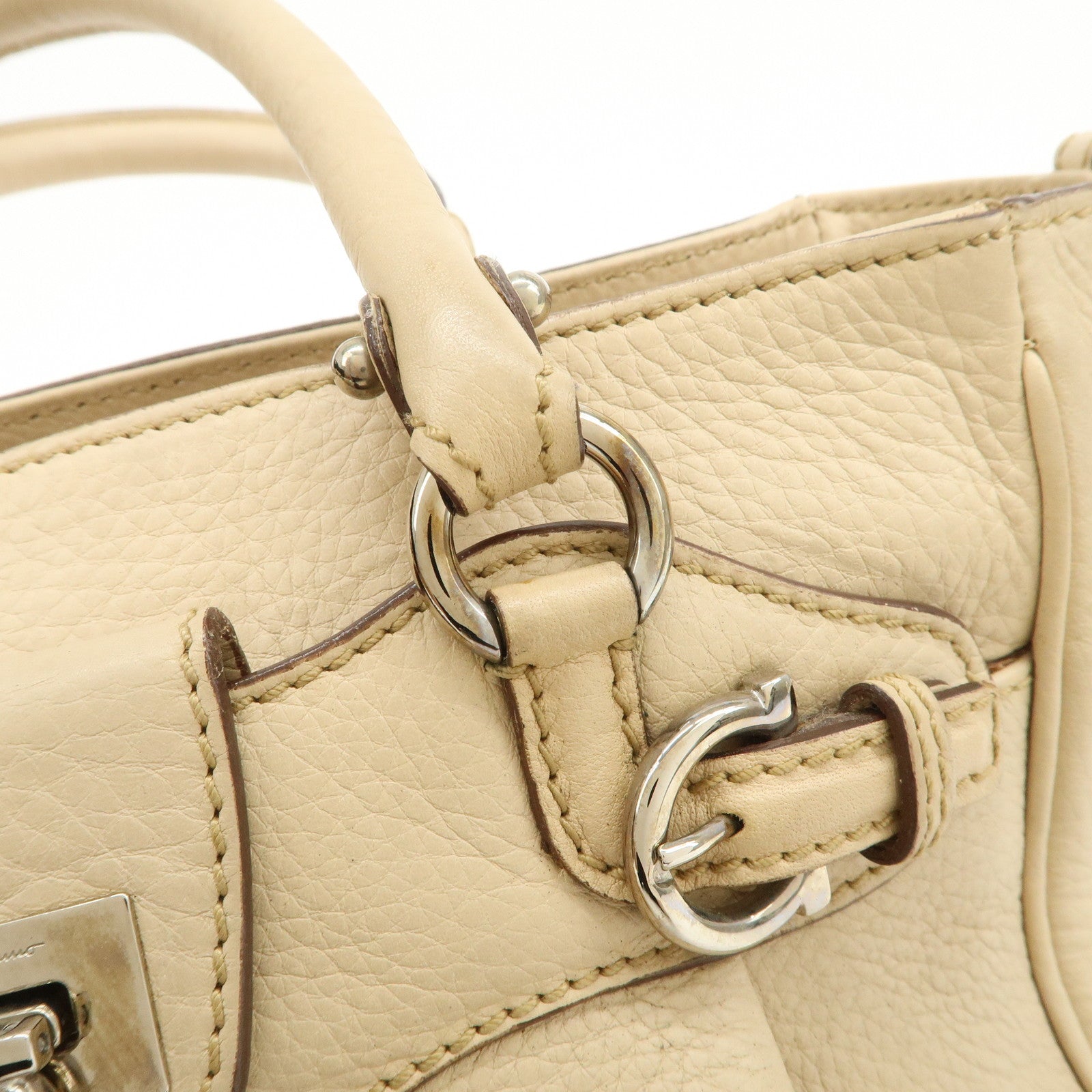 Ferragamo Gancini Leather 2Way Bag Hand Bag Shoulder Bag Beige