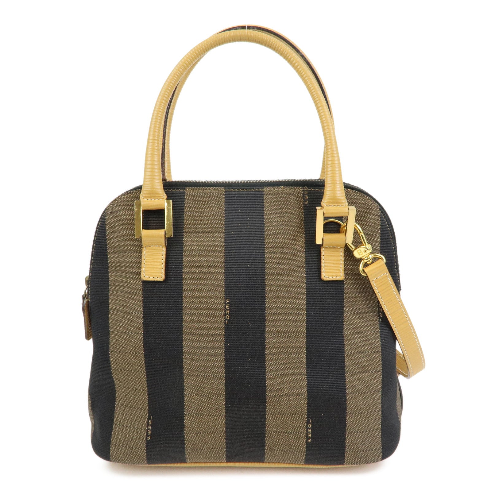 FENDI Pequin Canvas Leather 2Way Bag Hand Bag Shoulder Bag Brown