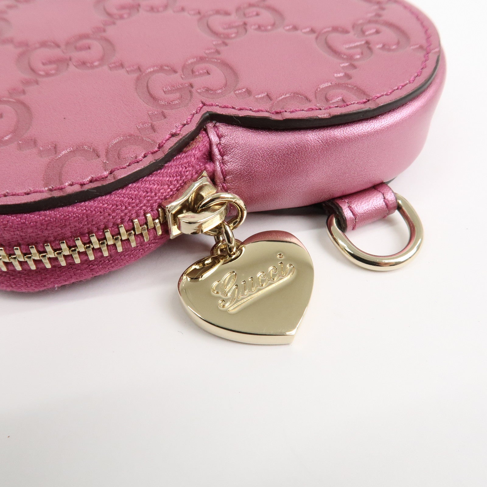 GUCCI Lovely Heart Guccissima Leather Coin Case MetallicPink 152615