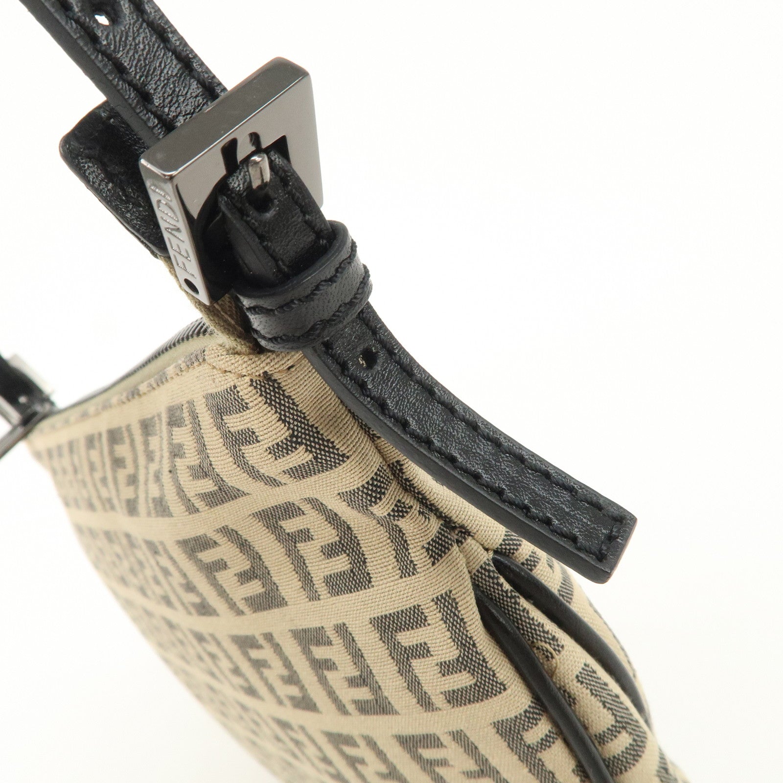 FENDI Zucchino Canvas Leather Shoulder Bag Beige Black 8BR312