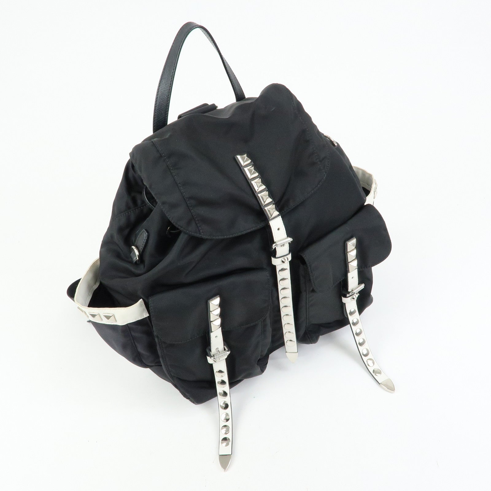 PRADA Triangle Logo Nylon Studs Backpack Rucksack Black 1BZ811