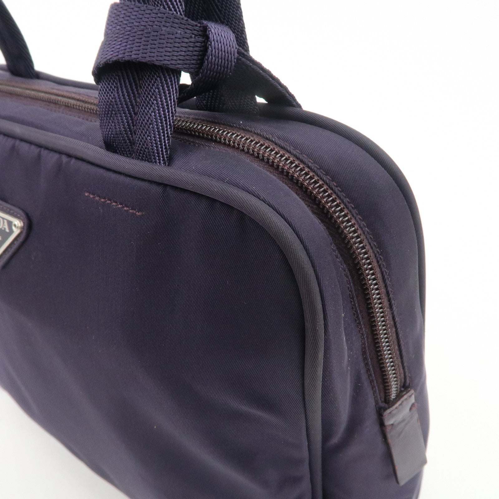 PRADA Triangle Logo Leather Nylon Hand Bag Purple B8495