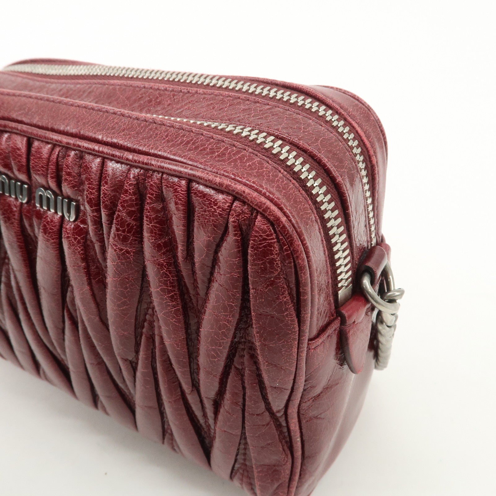 MIUMIU Matelasse Leather Shoulder Bag Burgundy Silver Hardware Used