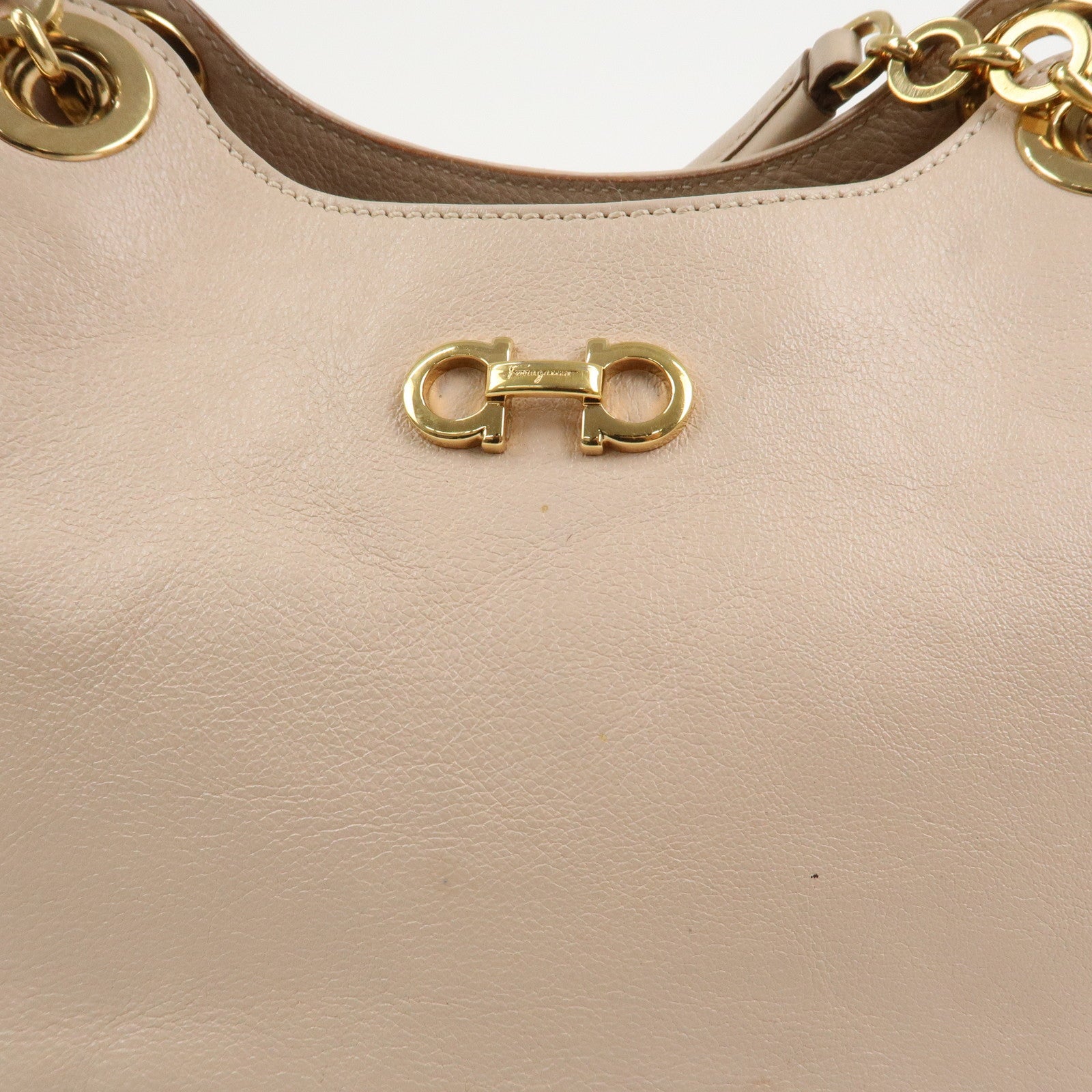 Ferragamo Leather Shoulder Bag Hand Bag Pink Beige Gold