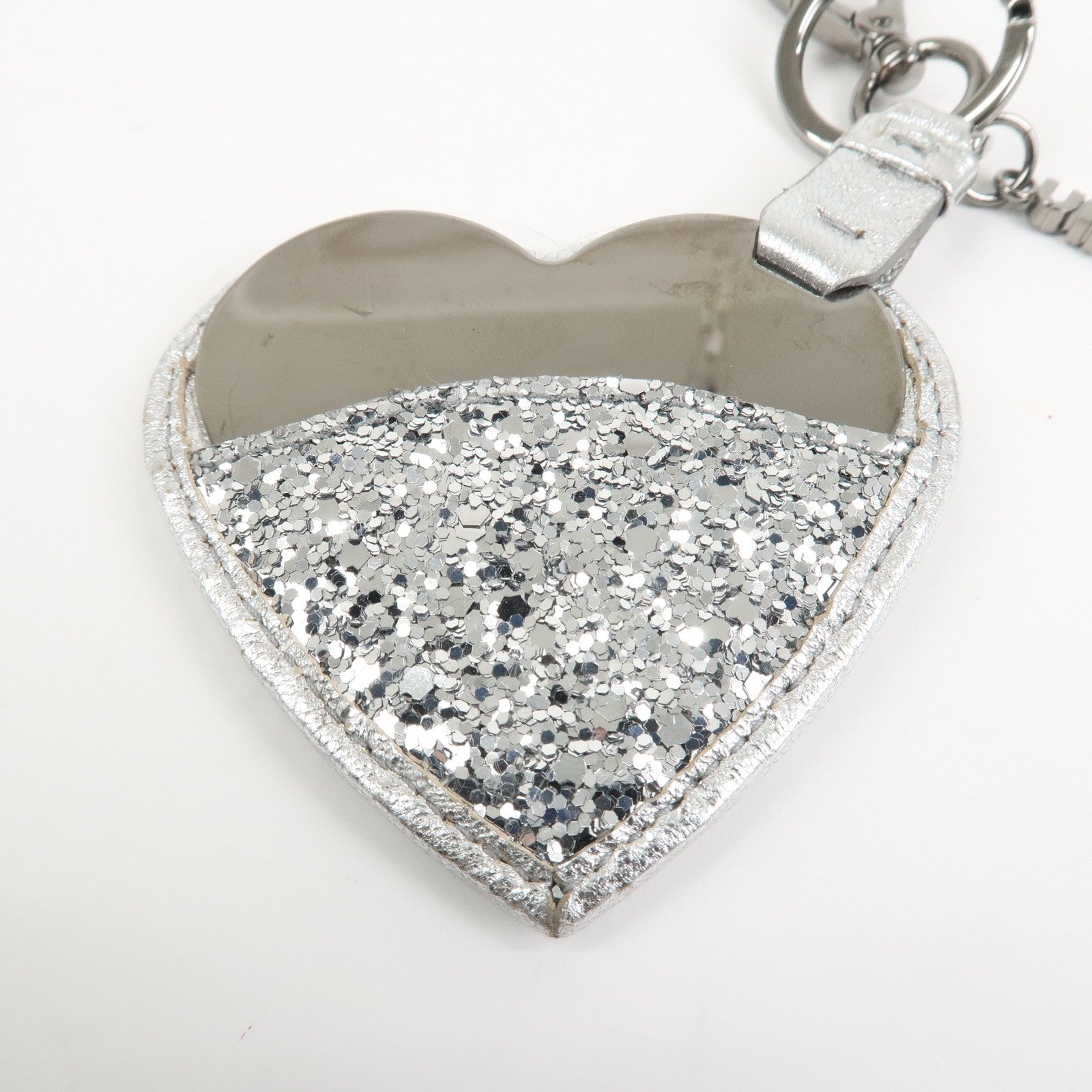 MIU MIU Heart Motif Glitter Leather Key Chain Bag Charm Silver