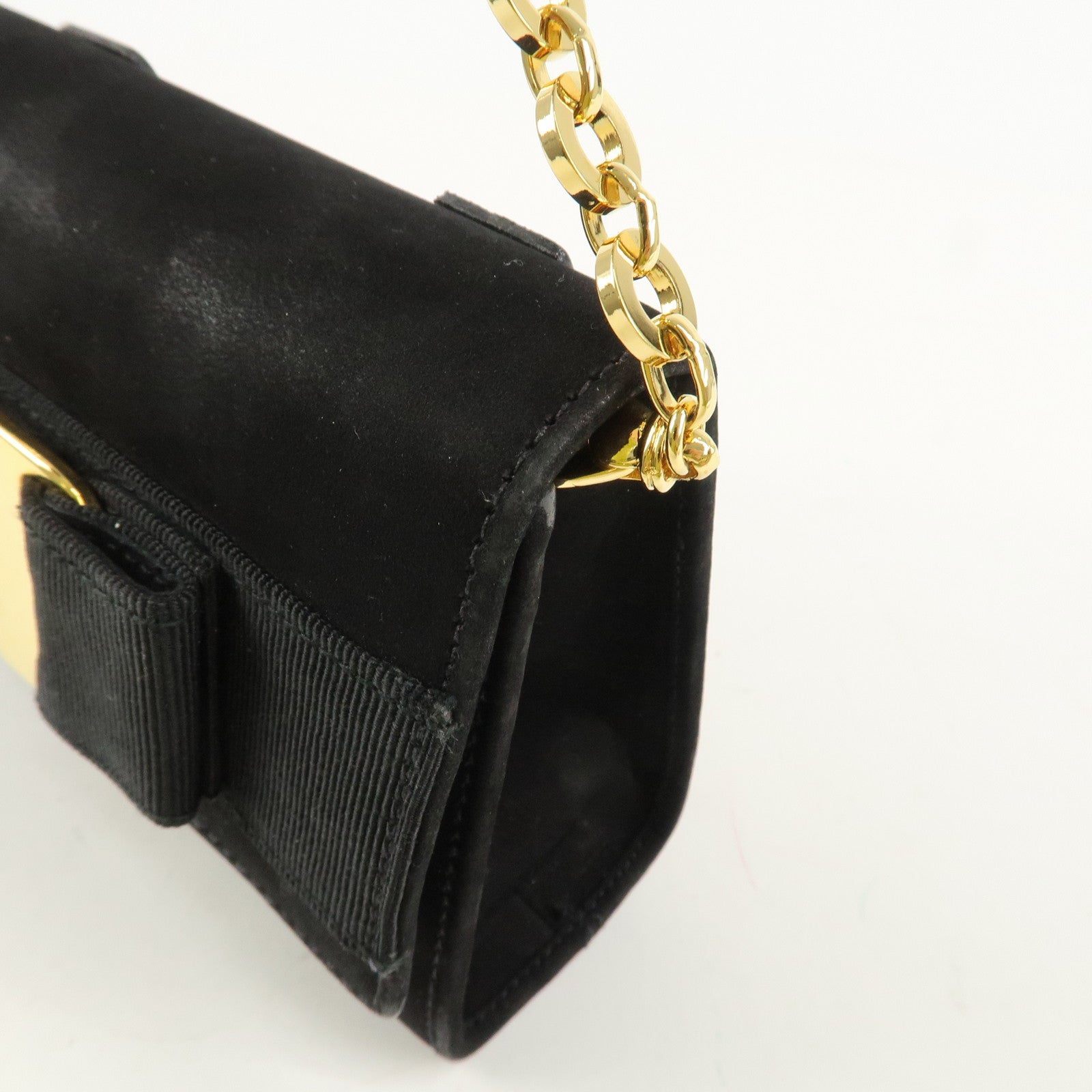 Ferragamo Vara Ribbon Suede Mini Chain Shoulder Bag Hand Bag Black Used
