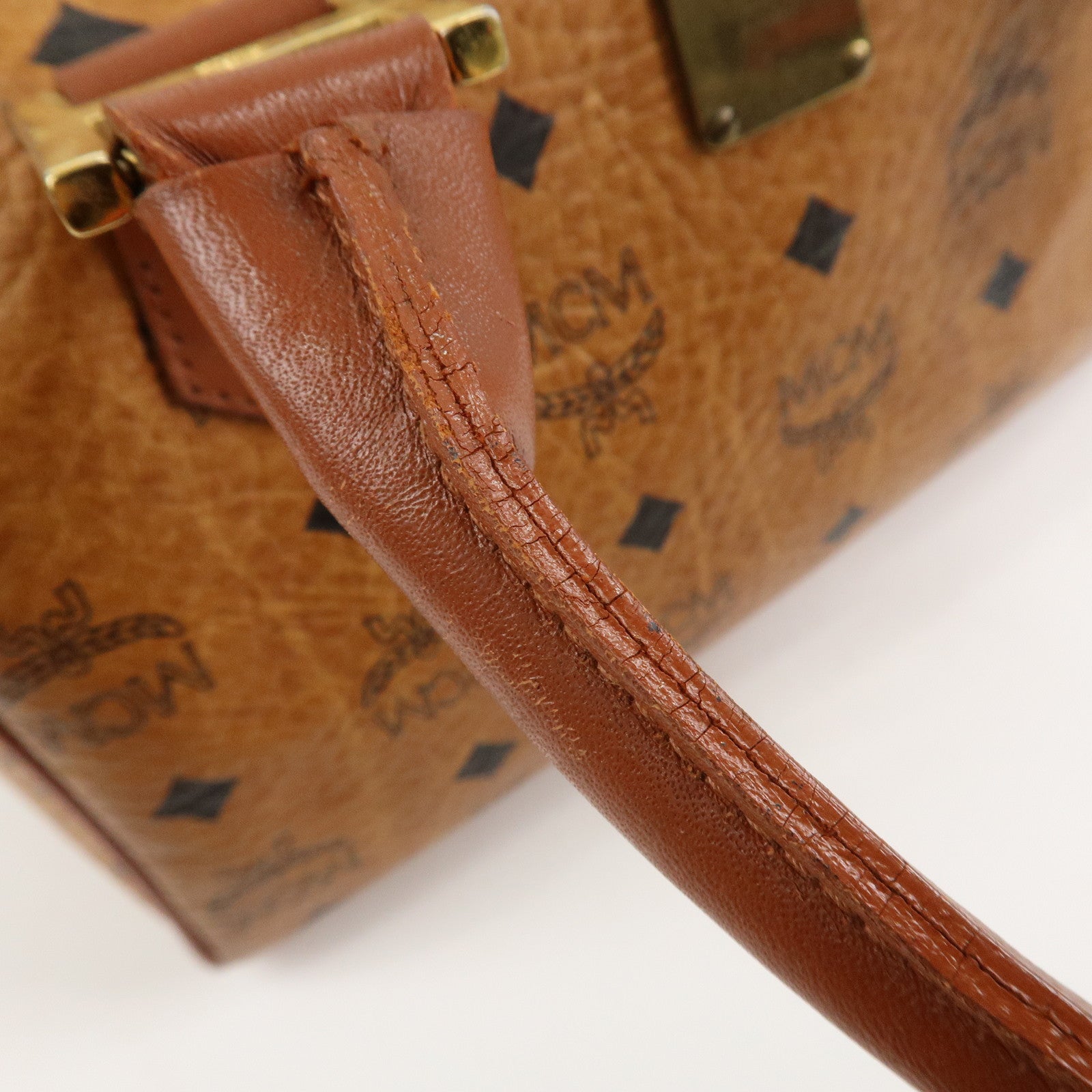 MCM Visetos Leather Boston Bag Hand Bag Brown Gold Hardware Used