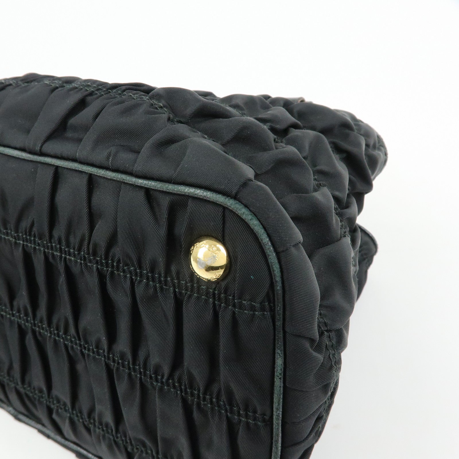 PRADA Nylon Leather Gathered Tote Bag Hand Bag Black