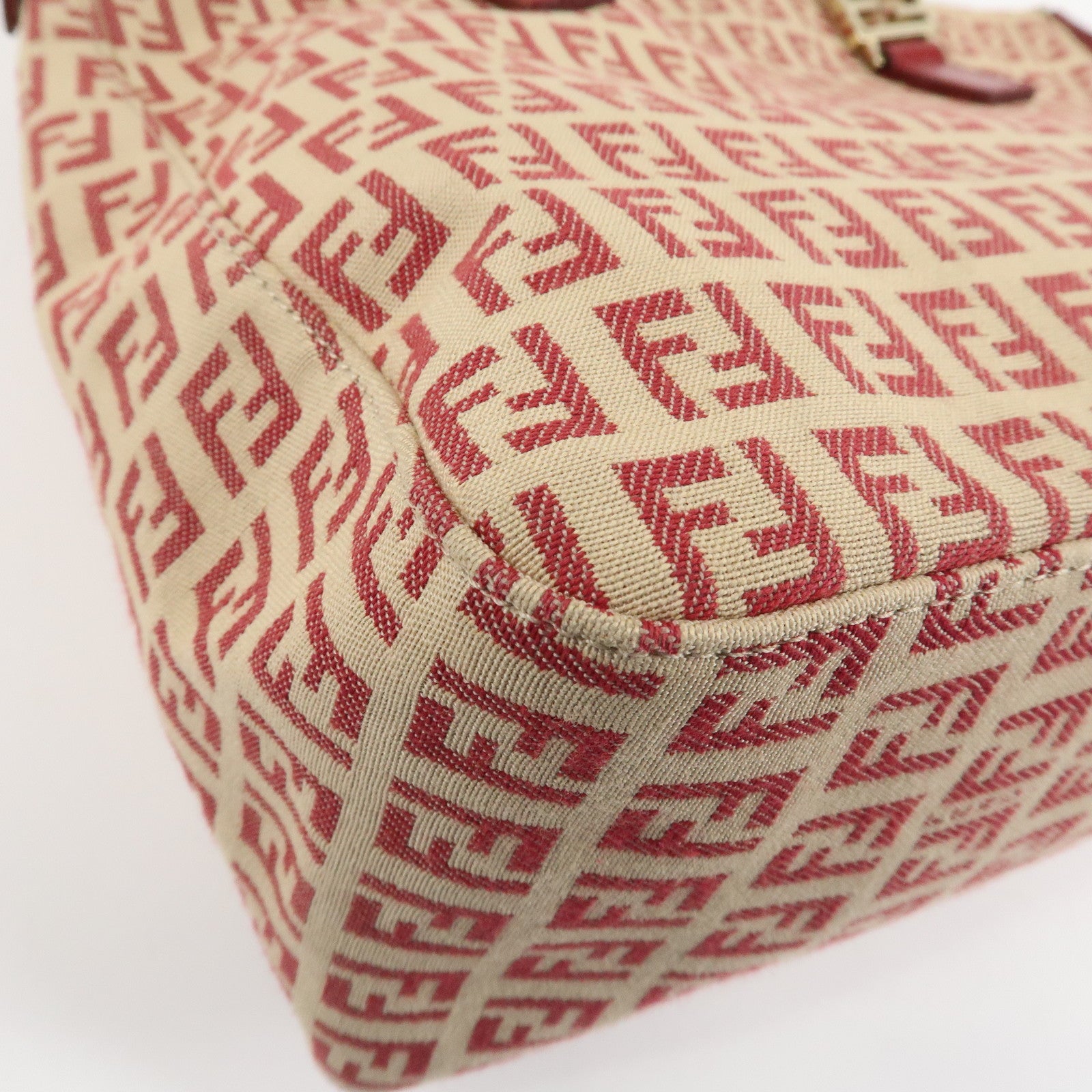 FENDI Zucchino Canvas Leather Hand Bag Beige Red 8BH134 Used