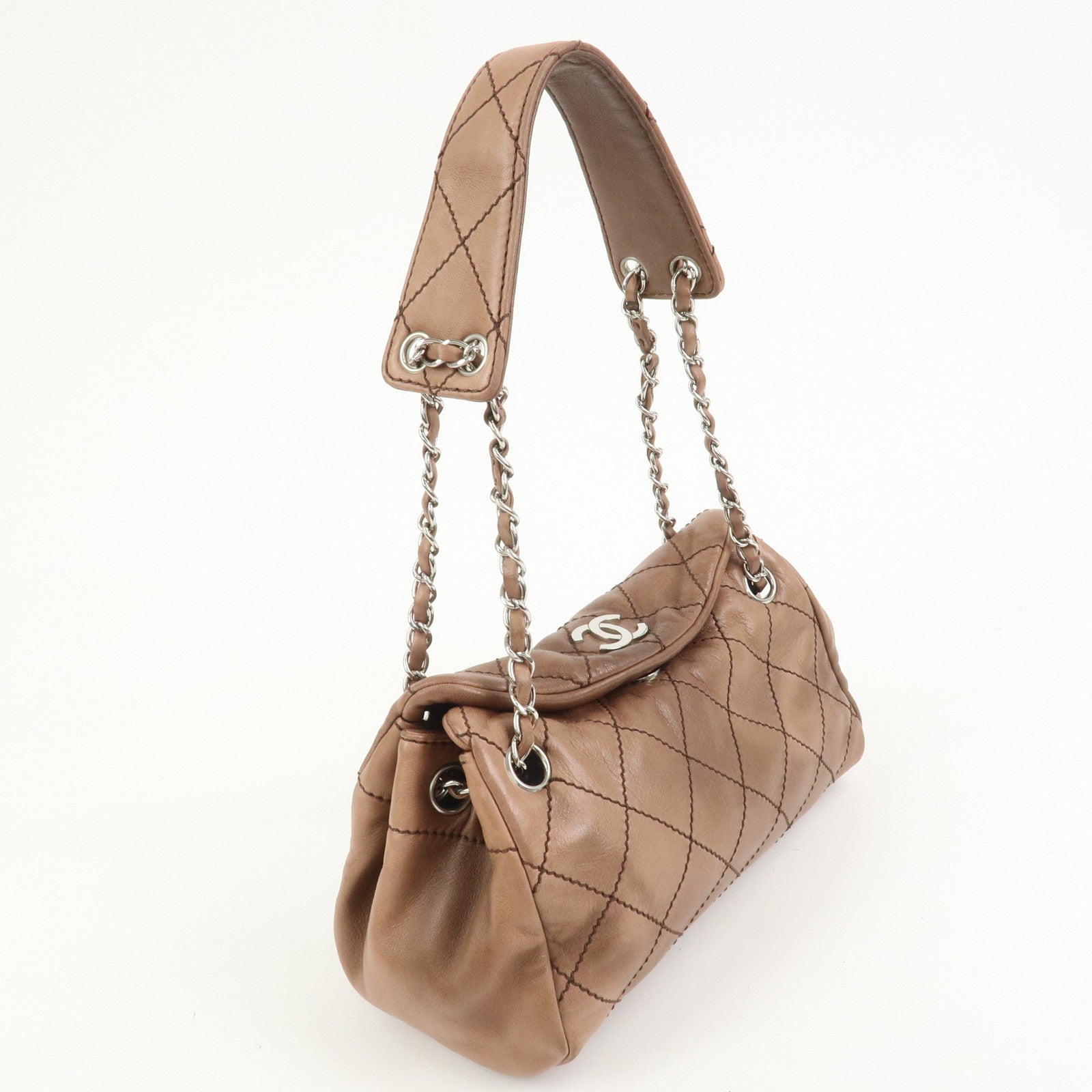 CHANEL Wild Stitch COCO Mark Lamb Skin Shoulder Bag Pink Beige