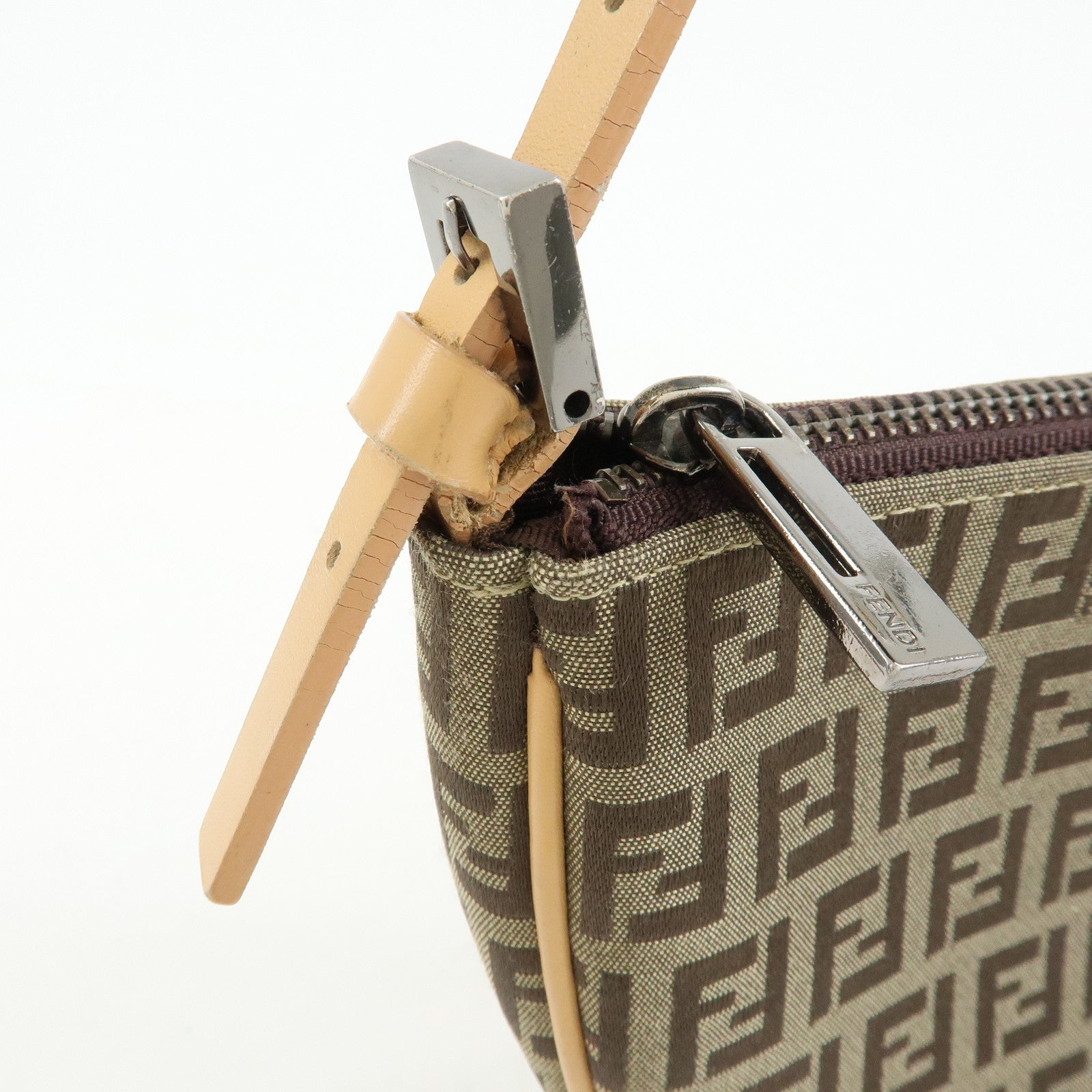 FENDI Zucchino Canvas Leather Shoulder Bag Hand Bag Beige 8BR144