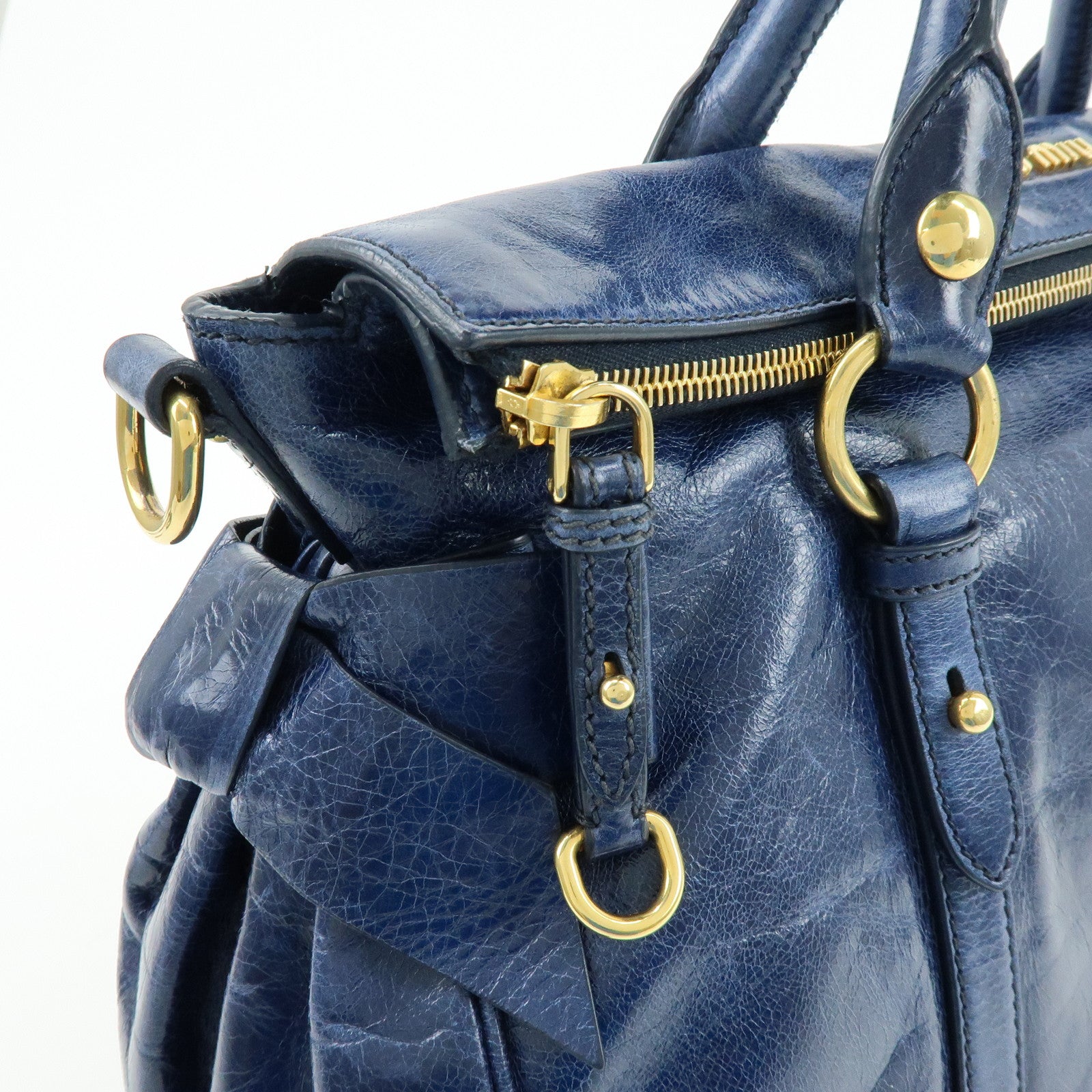 MIU MIU Side Ribbon Large Leather 2Way Bag Shoulder Bag Navy RT0365