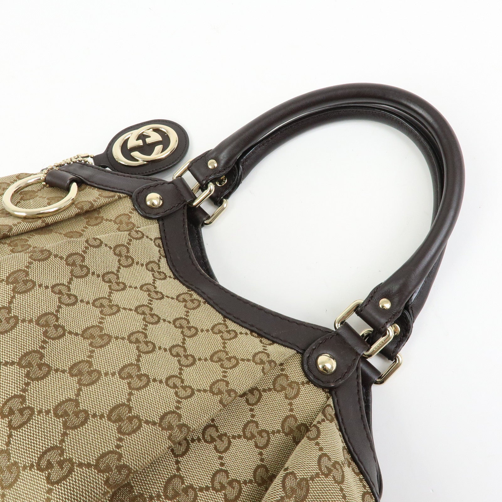 GUCCI GG Canvas Leather Tote Bag Hand Bag Dark Brown Beige 211944