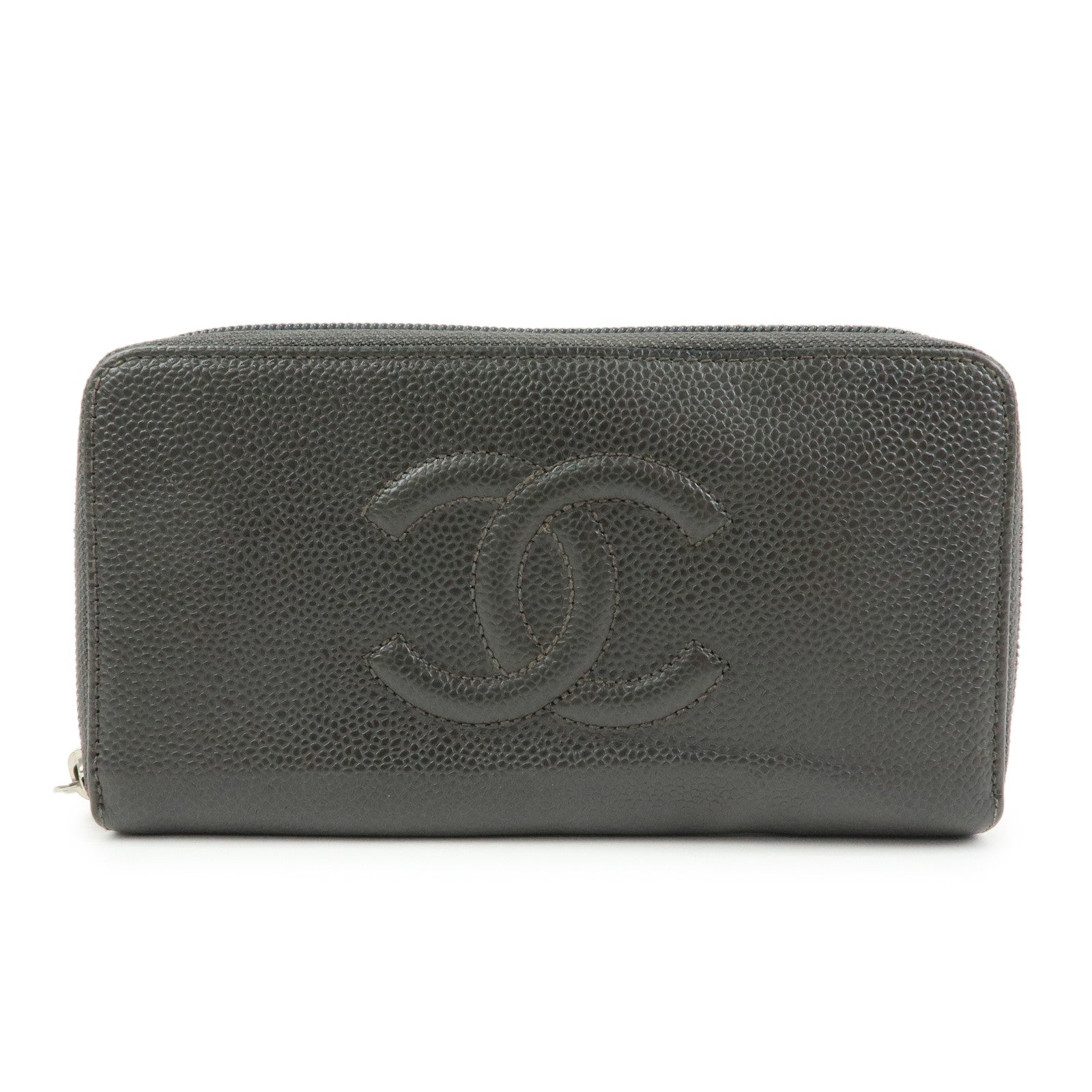 CHANEL COCO Mark Caviarskin Round Zippy Long Wallet Gray