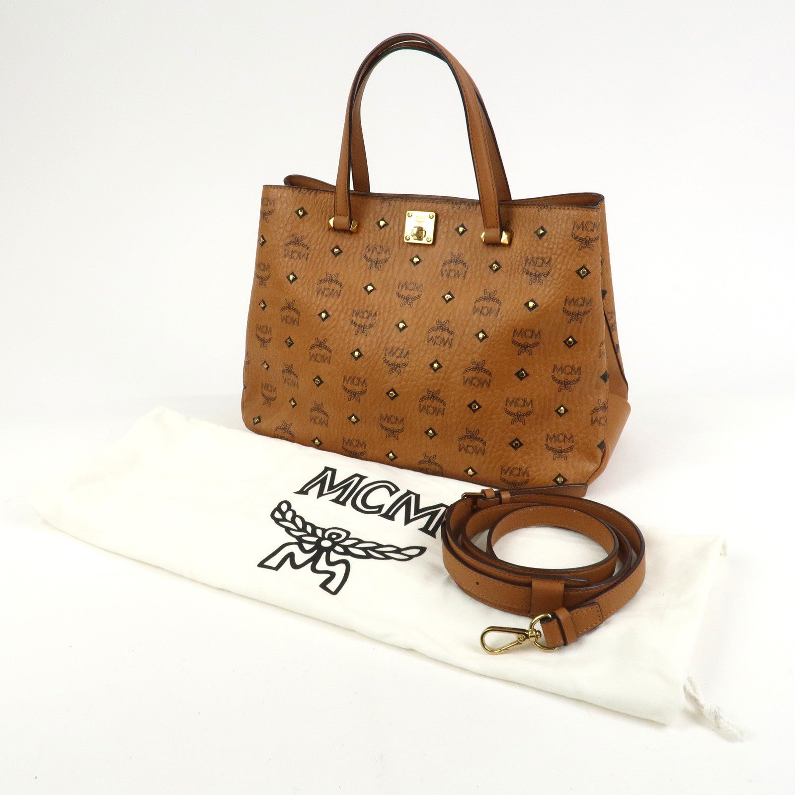MCM Visetos PVC Leather 2Way Bag Hand Shoulder Bag Studs Cognac