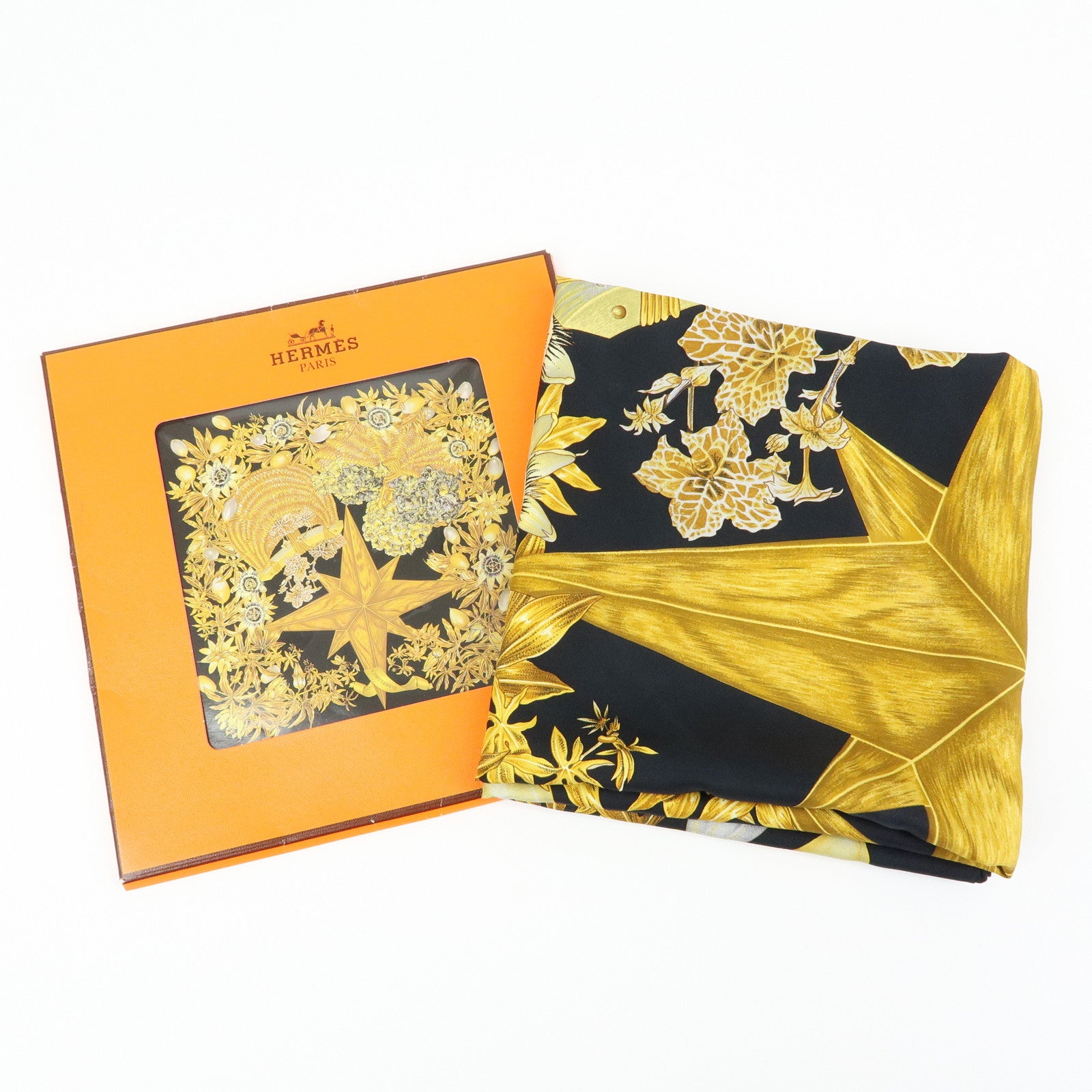 HERMES Carre 90 Silk 100% Scarf PASSIFLORES Flower Print Black Gold