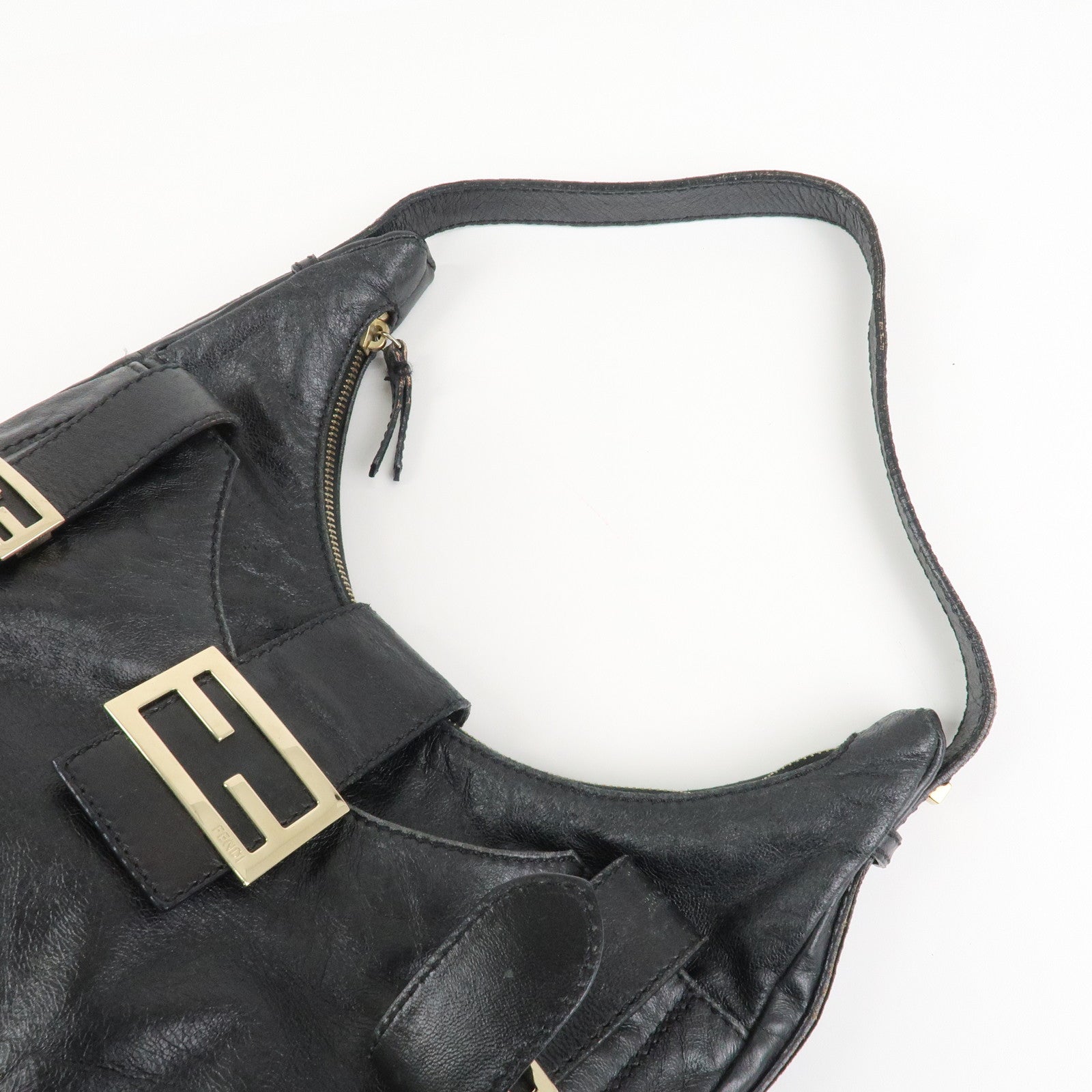 FENDI Leather Shoulder Bag Hand Bag Black 8BR522 Used