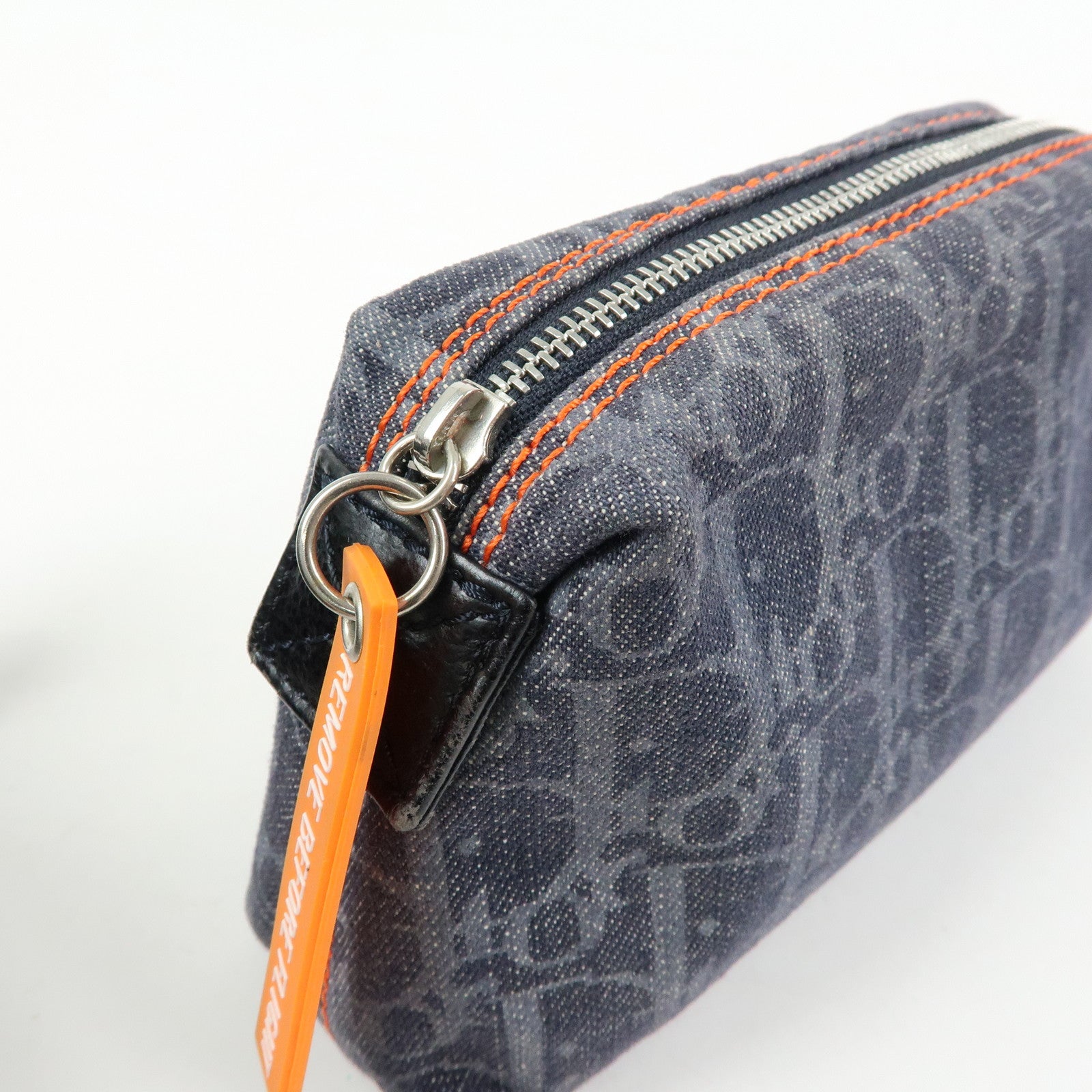 Christian Dior Trotter Flight Line Denim Leather Pouch Navy Orange