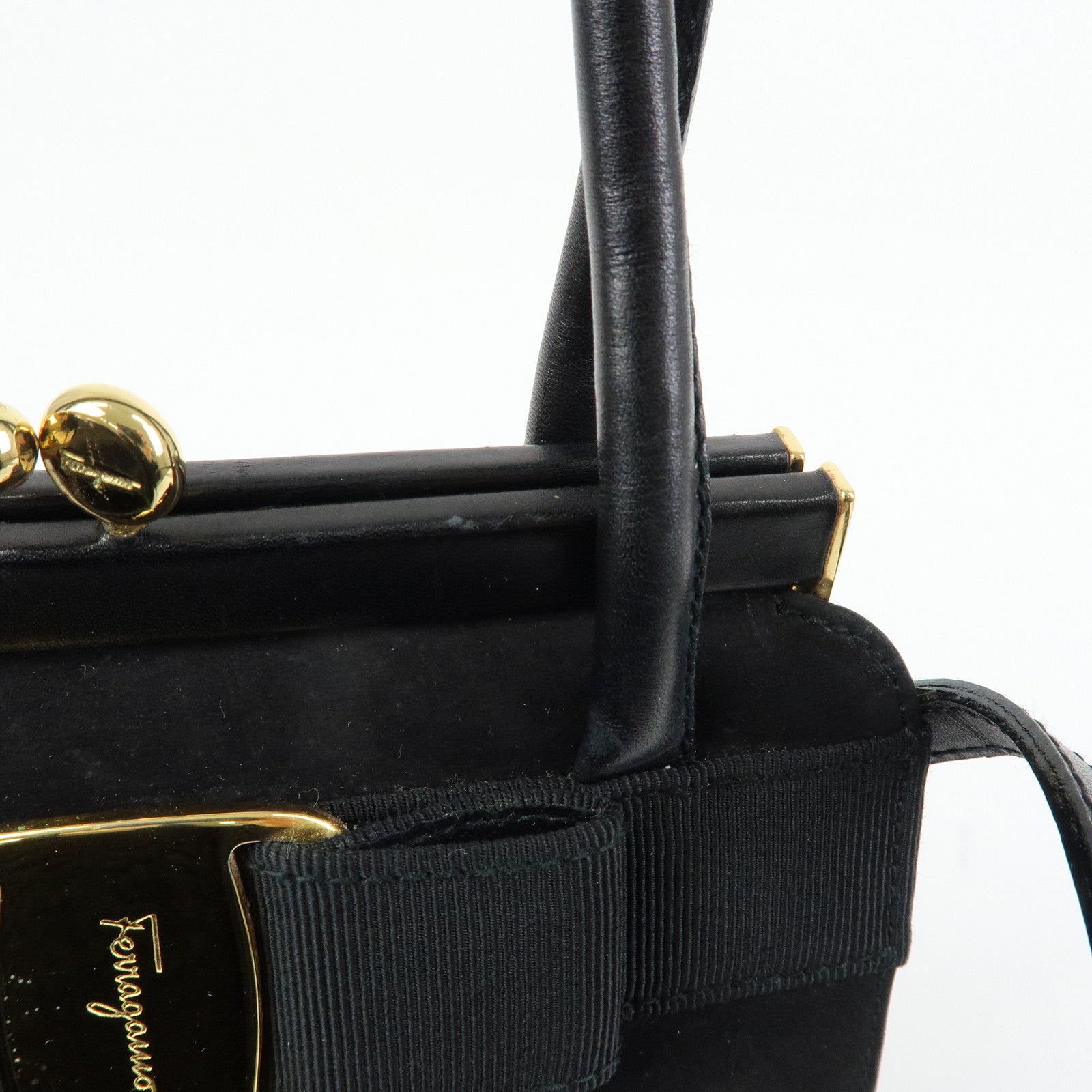 Ferragamo Varra Ribbon Suede Leather 2Way Bag Hand Bag Black