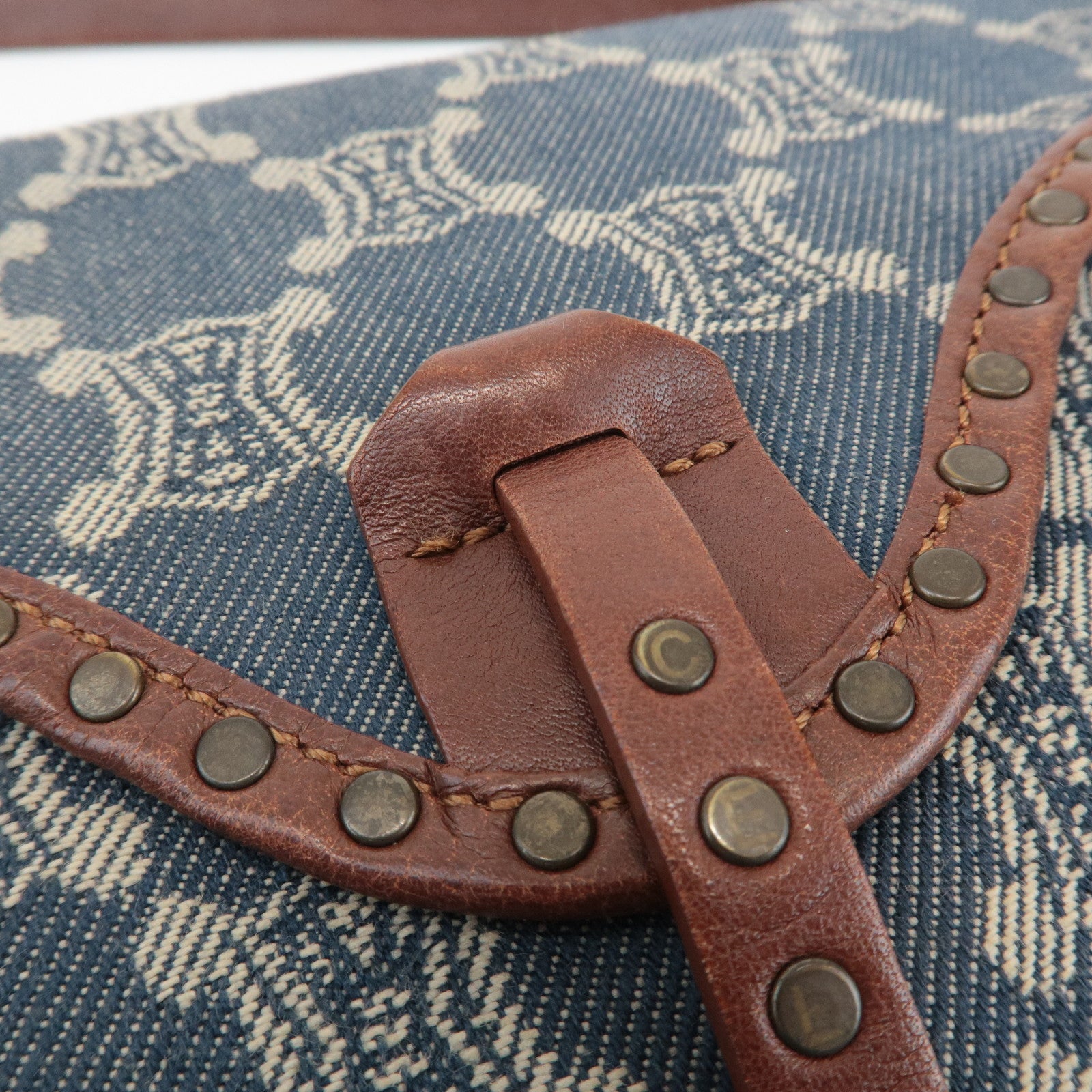 CELINE Macadam Denim Canvas Leather Shoulder Bag Blue Brown Used