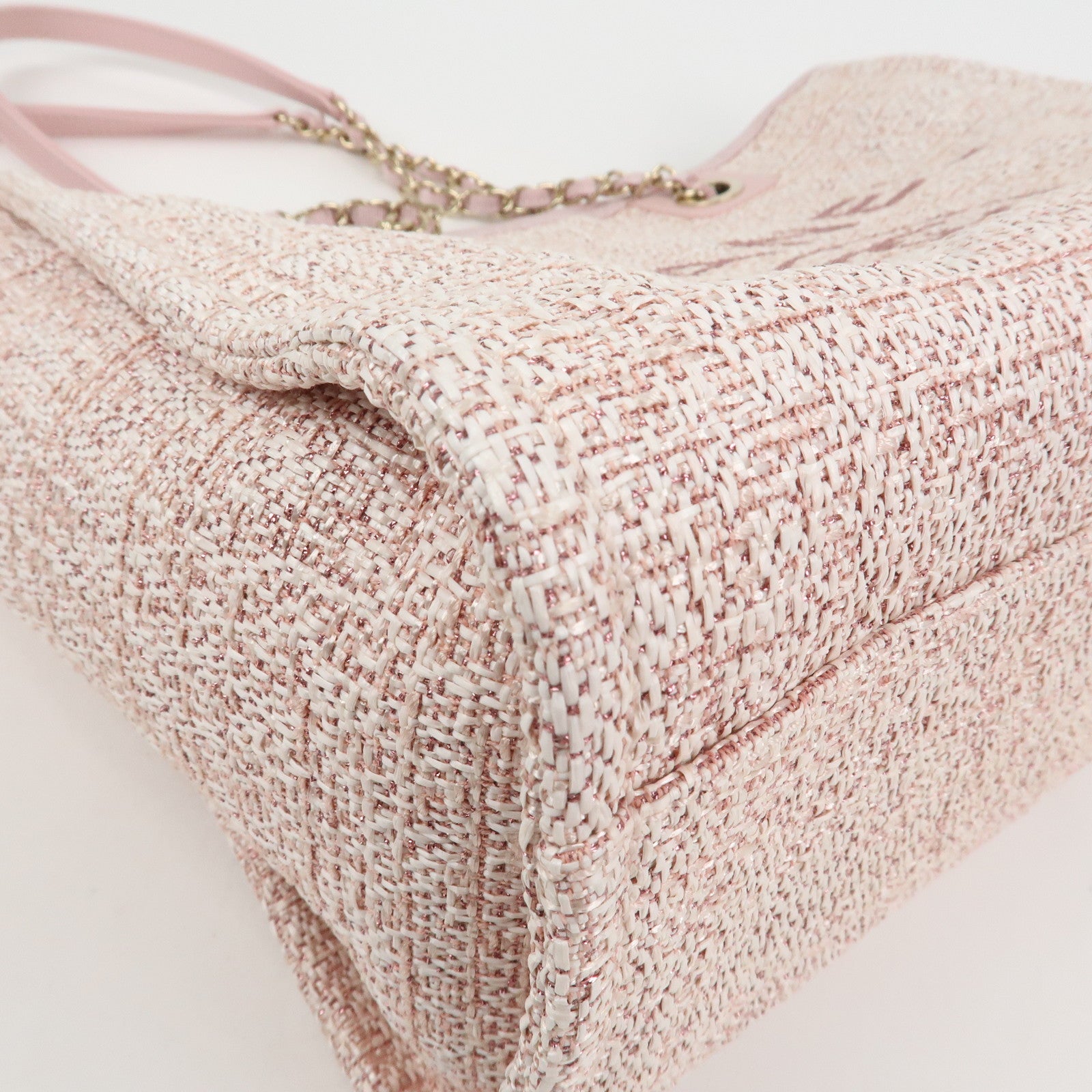 CHANEL Tweed Leather Deauville MM Shoulder Bag Tote Bag Pink