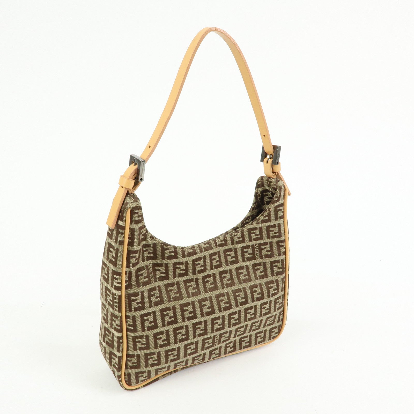FENDI Zucchino Canvas Leather Hand Bag Khaki Beige 8BR157