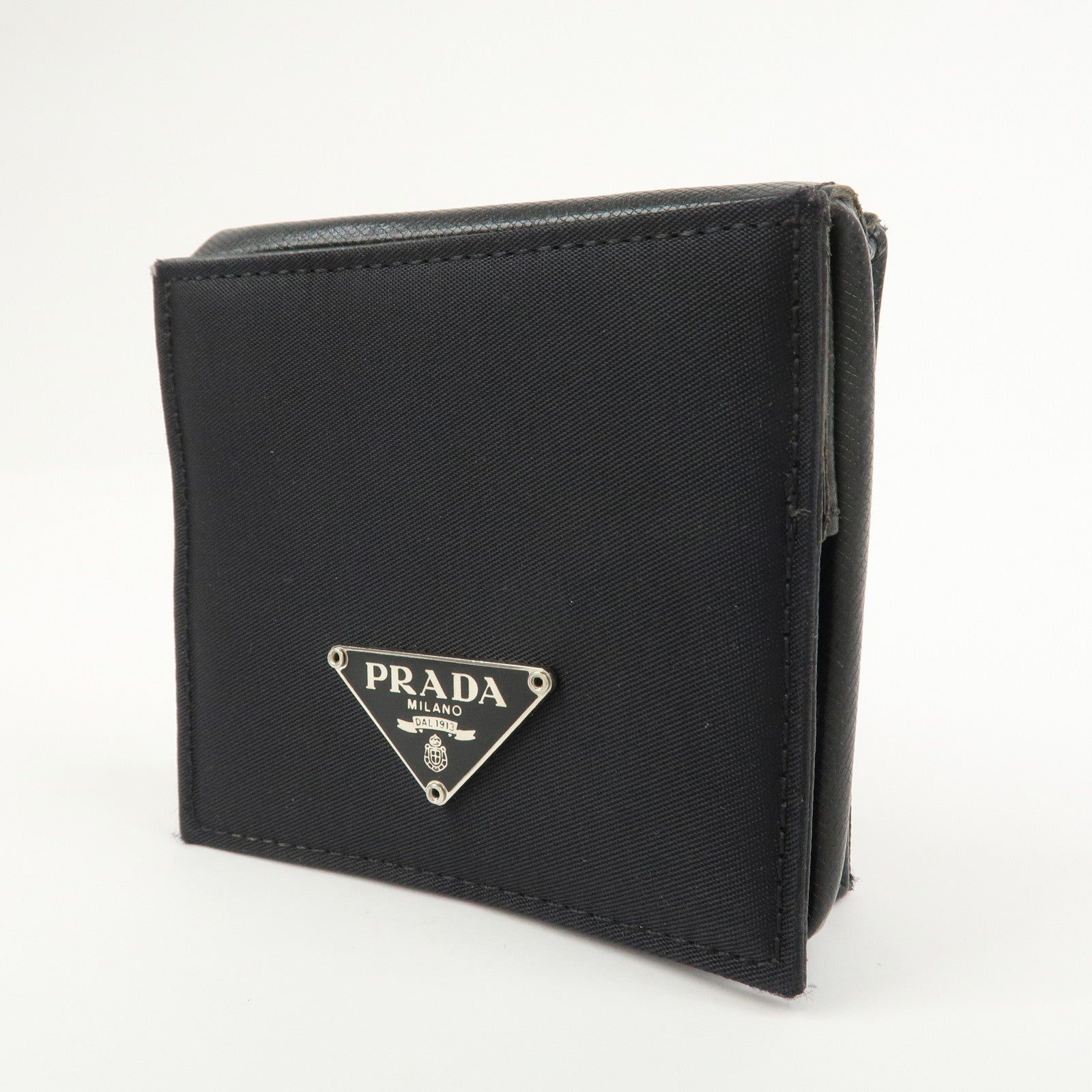 PRADA Triangle Logo Nylon Saffiano Leather Coin Case Black M634