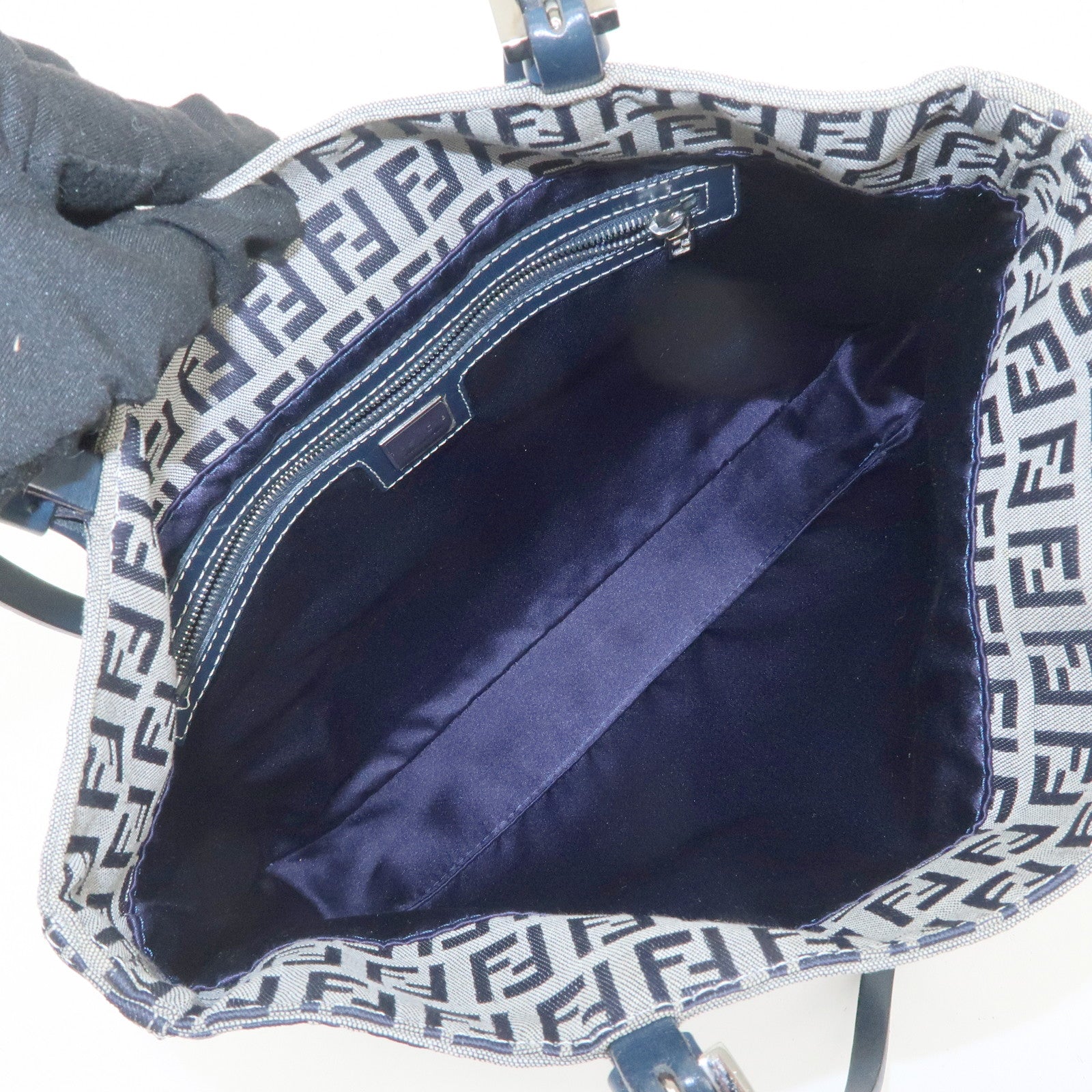 FENDI Zucchino Canvas Leather Tote Bag Shoulder Bag Navy Gray