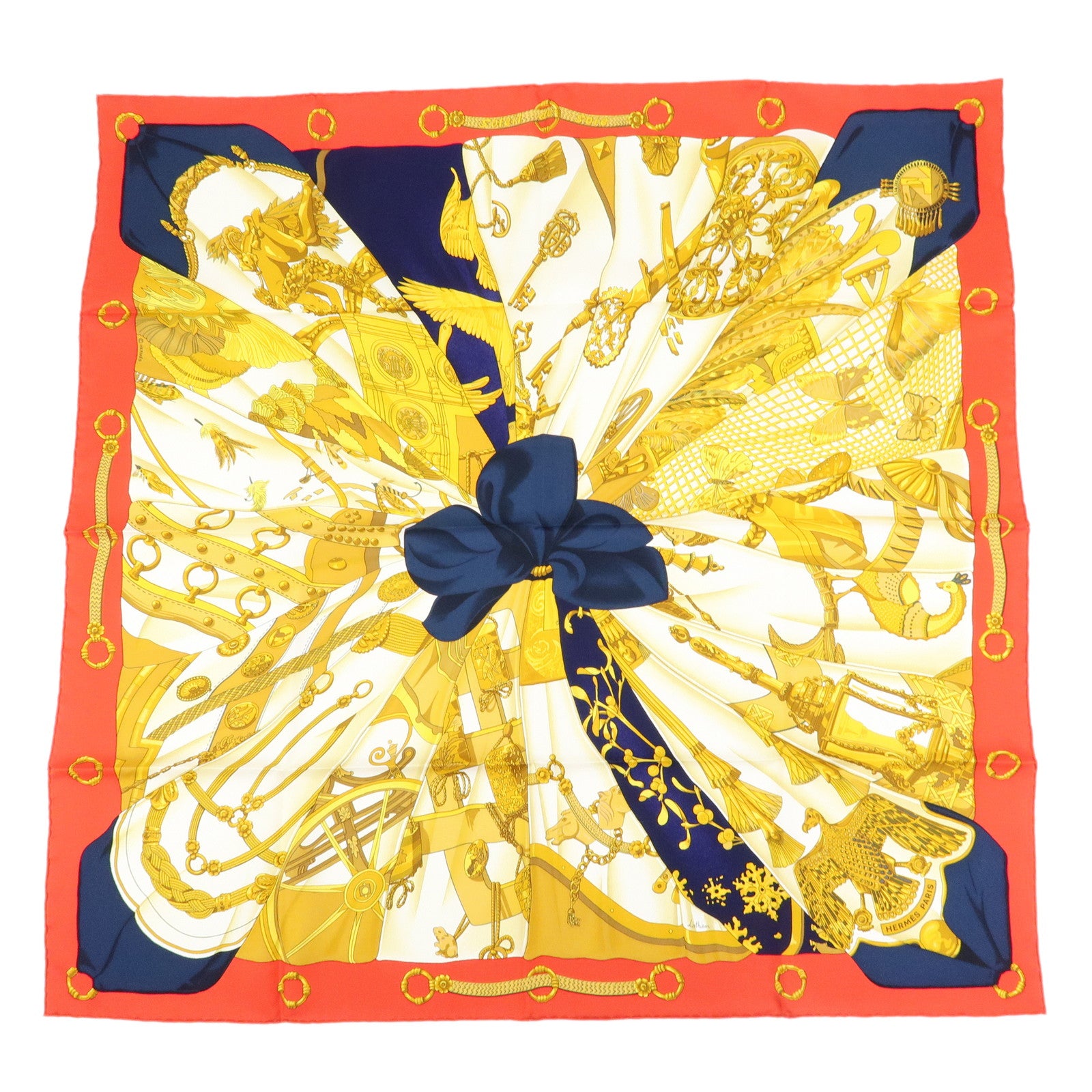 HERMES Carre 90 Silk 100% Soleil de Soie Scarf Gold Navy Red