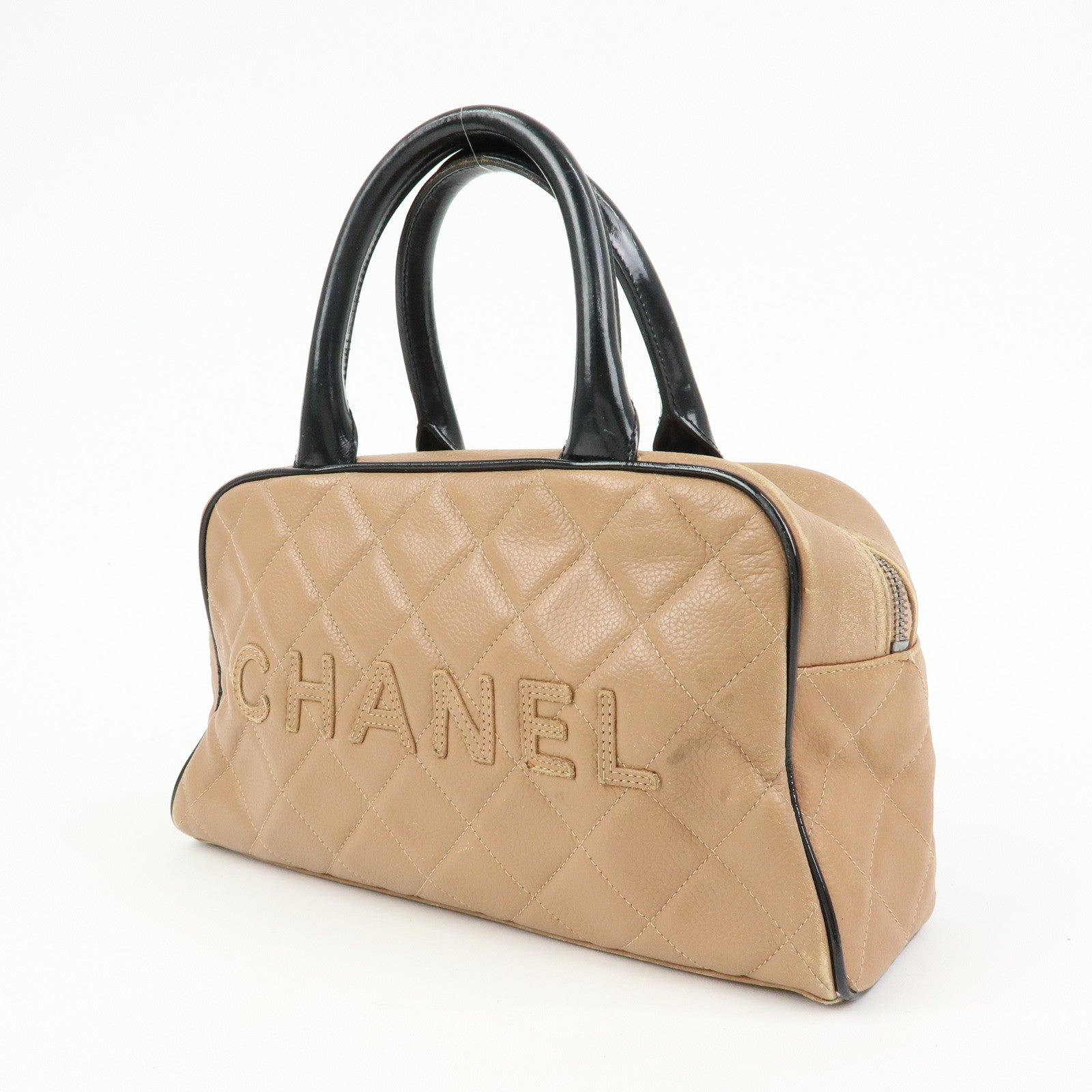 CHANEL Caviarskin Patent Leather Mini Boston Hand Bag Brown Black