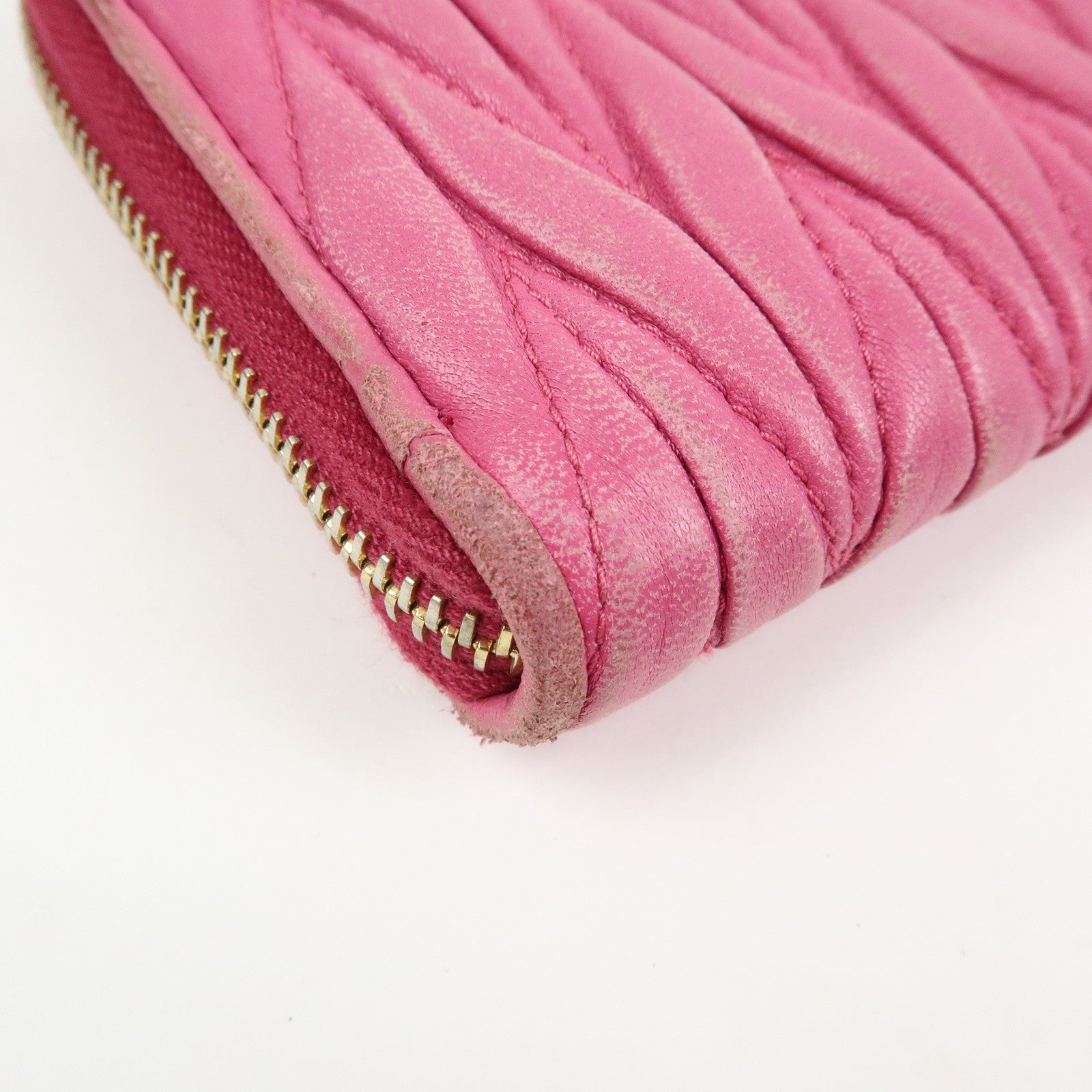 MIU MIU Logo Matelasse Nappa Leather Zippy Long Wallet Pink