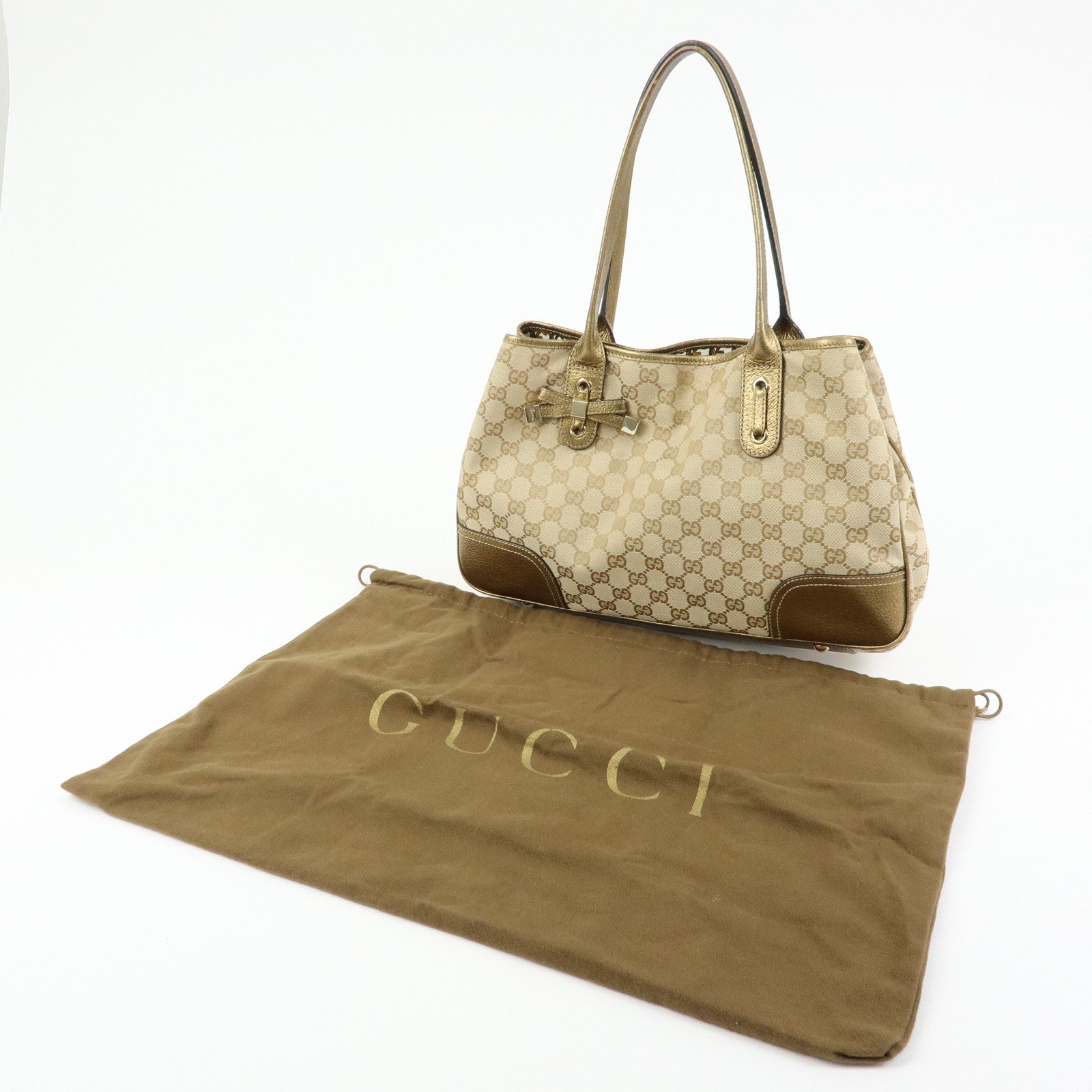 GUCCI Princy GG Canvas Leather Tote Shoulder Bag Beige Gold 163805