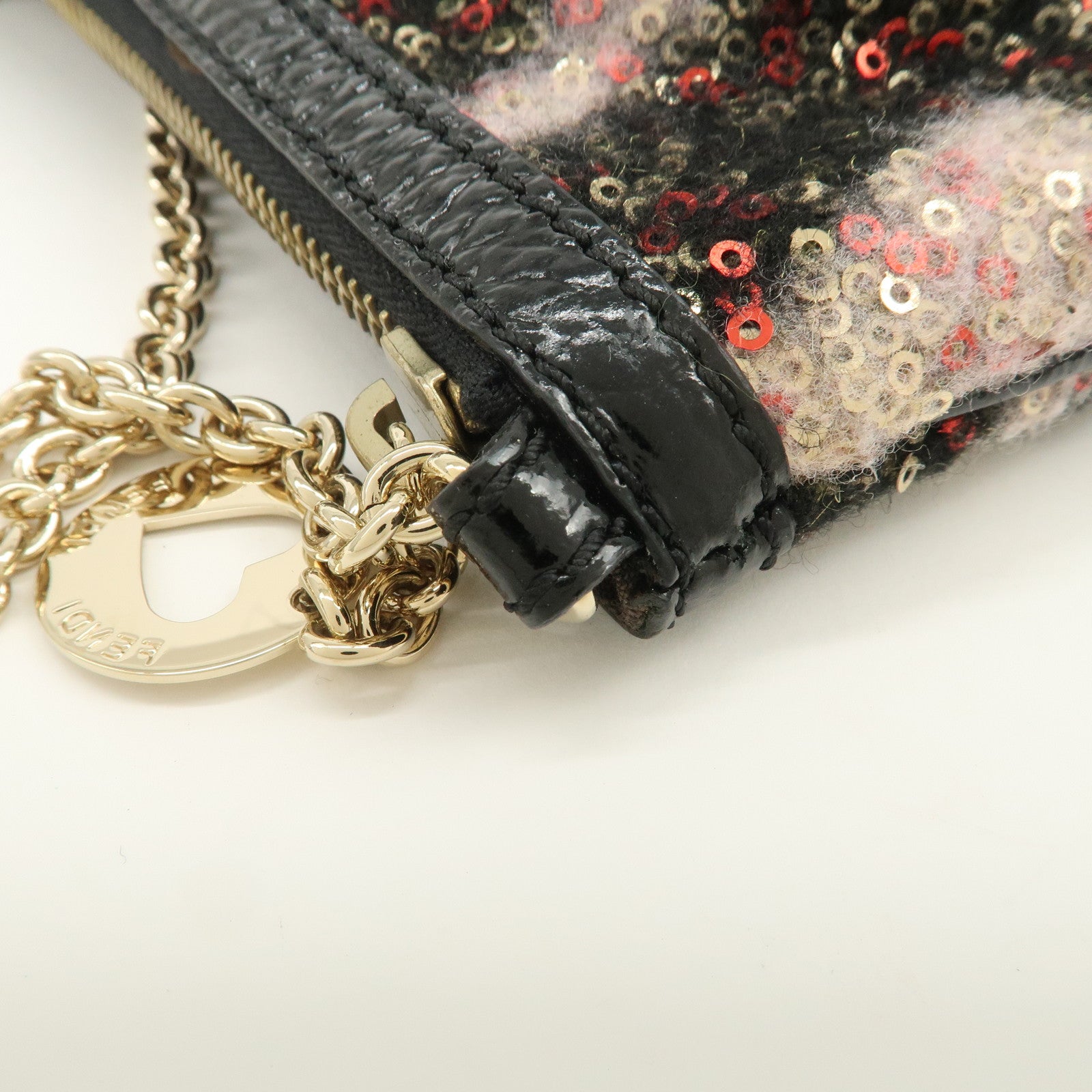 FENDI Wool Flip Sequin Leather Chain Bag Pouch Black Pink 8BR594