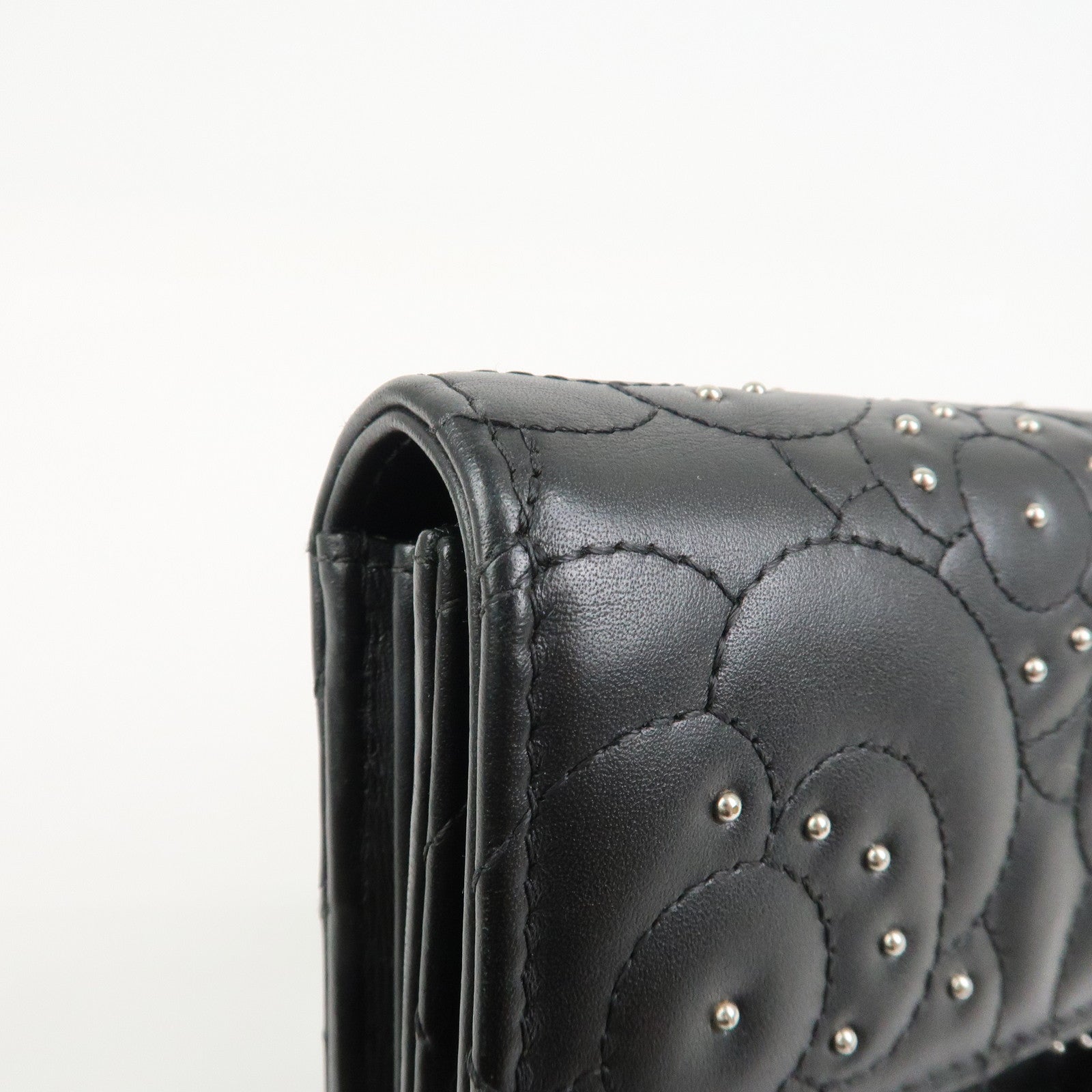 CHANEL Camellia Leather Long Wallet Black Silver Studs A82283