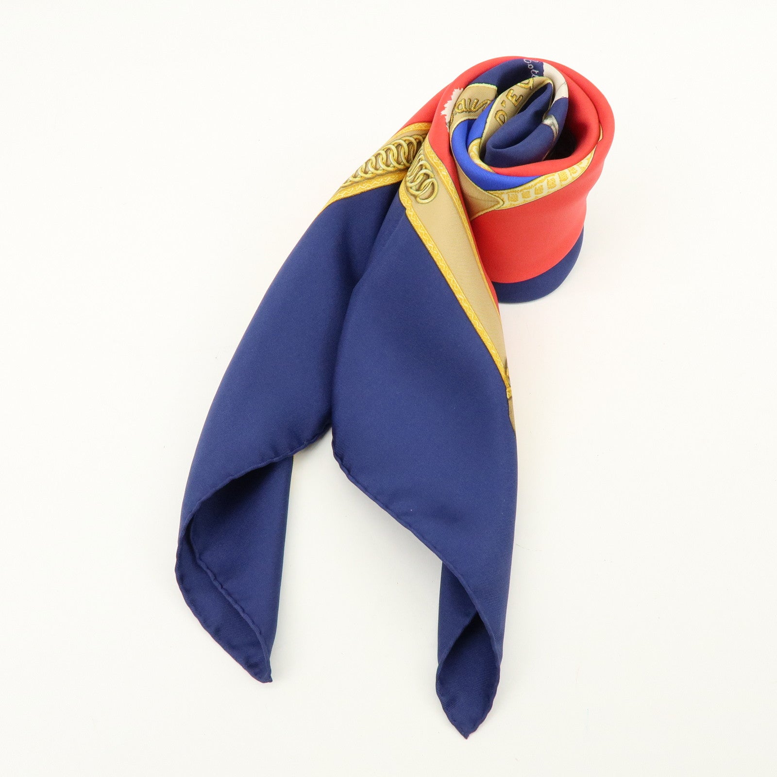 HERMES Carre 90 Silk 100% Scarf Le General LA Hotte Navy Red Blue