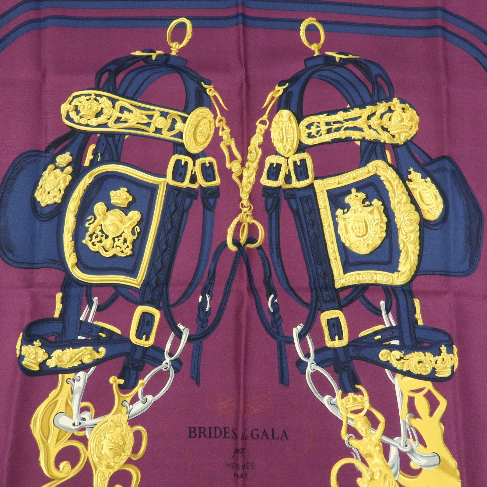 HERMES Carre 90 Silk 100% Scarf BRIDES DE GALA Navy Purple