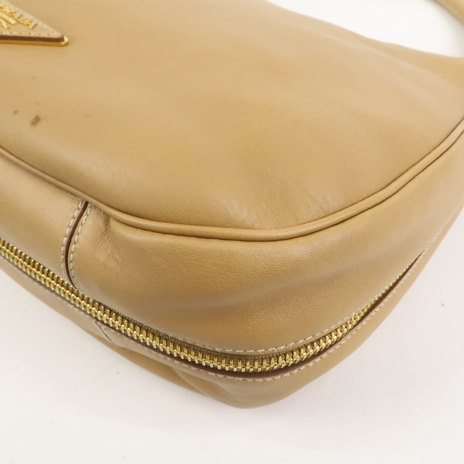 PRADA Triangle Logo Leather Shoulder Bag Hand Bag Camel