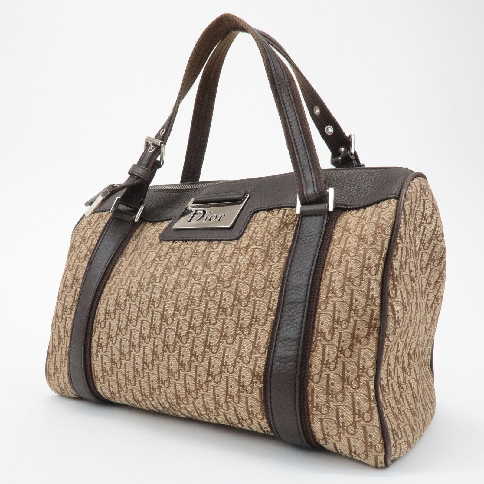 Christian Dior Trotter Street Chic Leather Canvas Boston Bag Beige Used