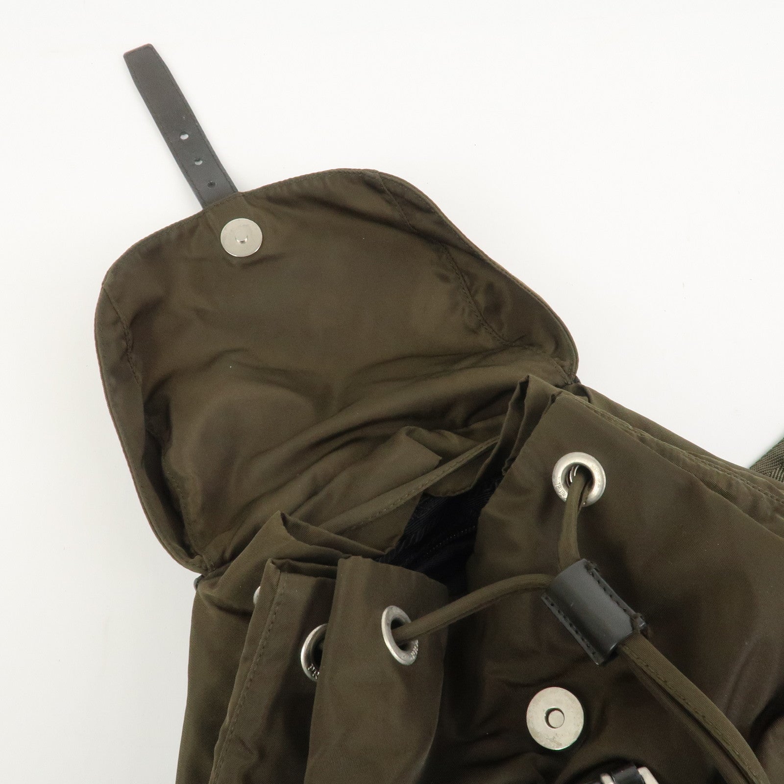 PRADA Triangle Logo Nylon Leather Backpack Rucksack Khaki B6677