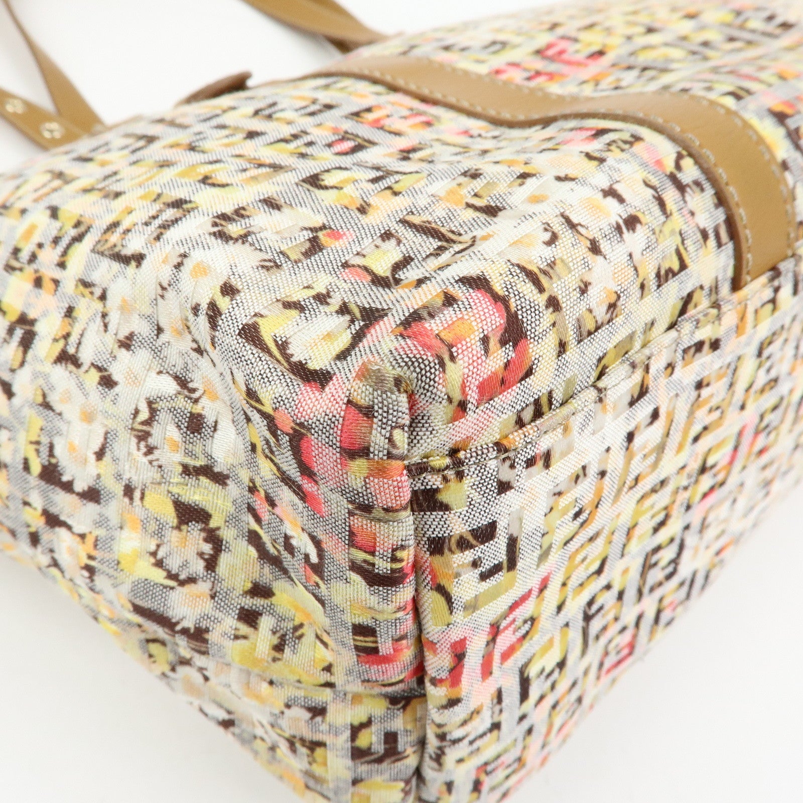 FENDI Zucchino Canvas Leather Flower Print Tote Bag Hand Bag 8BH215