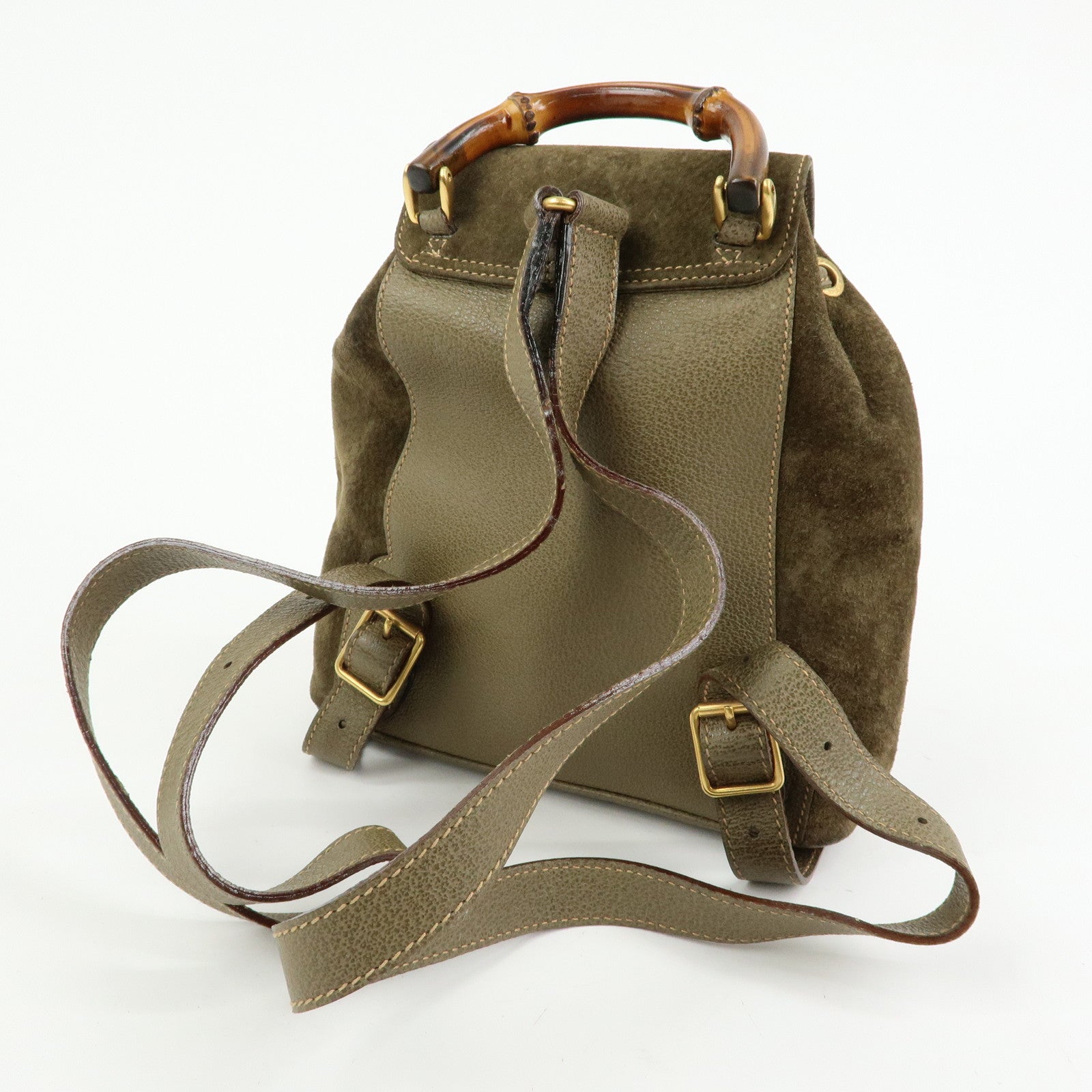 GUCCI Bamboo Suede Leather Backpack Rucksack Khaki 003・2058